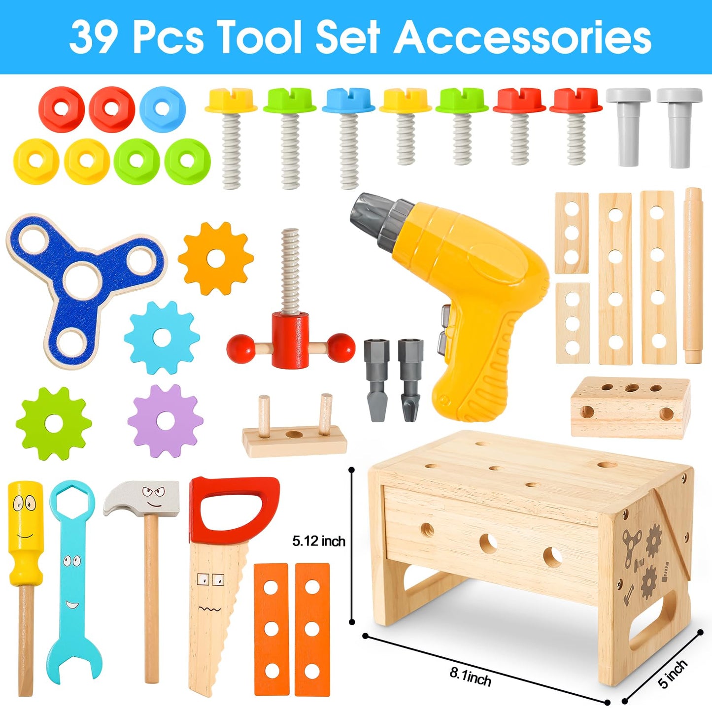 Kids Tool Set Toy with Drill, Wooden Toy for 2 3 4 5 Years Old Boy Girl, 37 Pcs Stem Montessori Toy for Learning Educational Construction Toy, Birthday Gift for Kids