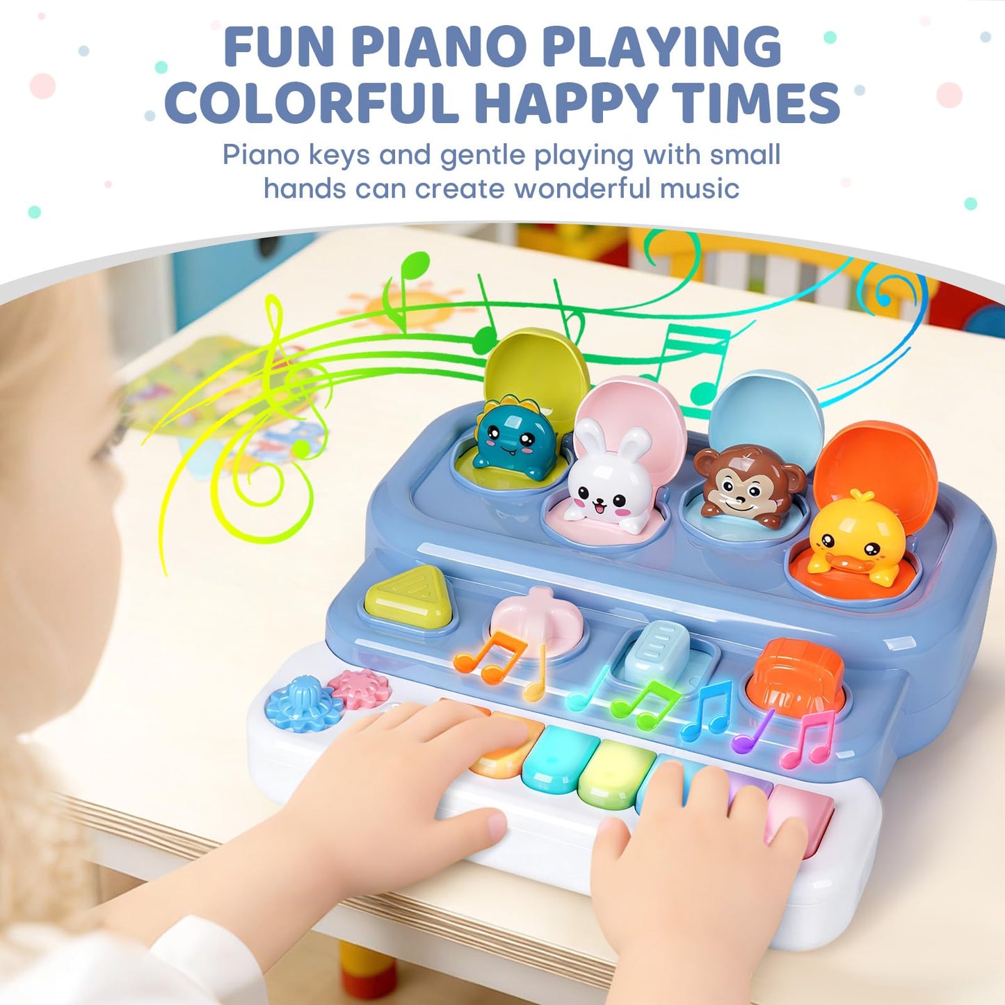 LESSETI Interactive Pop Up Music Piano Toy with Music & Lights, Montessori Animal Cause and Effect Toys, STEM Learning Educational Baby Toy for Toddlers 1-3 Years Old, Gift for Infants 6-12 Months