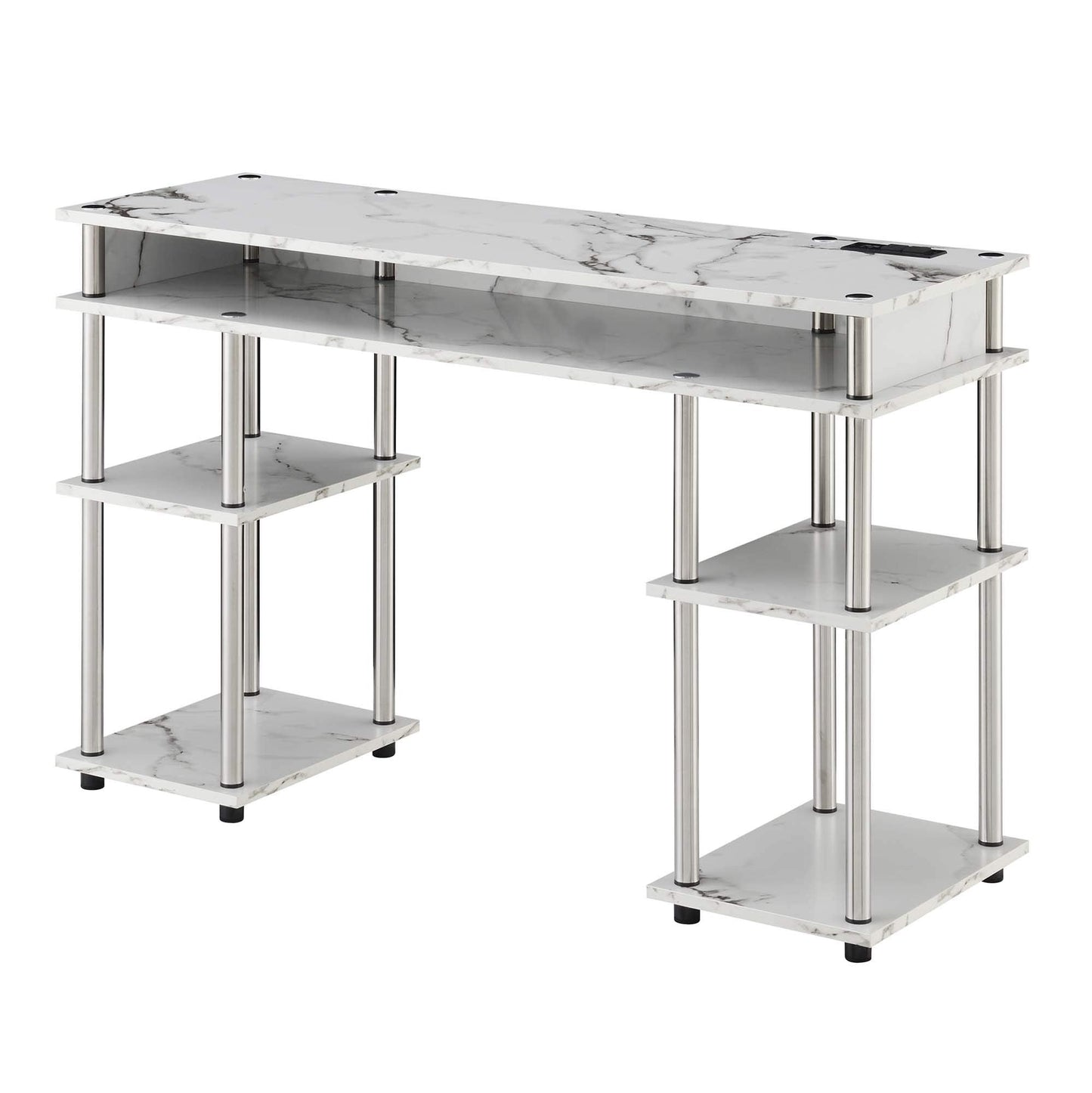Convenience Concepts Designs2Go No Tools Student Desk with Charging Station and Shelves, White Marble