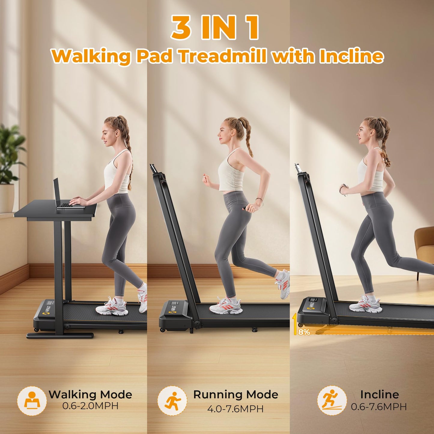 HiFast Walking Pad Treadmill, 3 in 1 Foldable Under Desk Treadmills for Home Office, Small Walking Pad with Incline Handle Bar, 300lbs Capacity 2.5HP Portable Running Machine with APP Remote Control