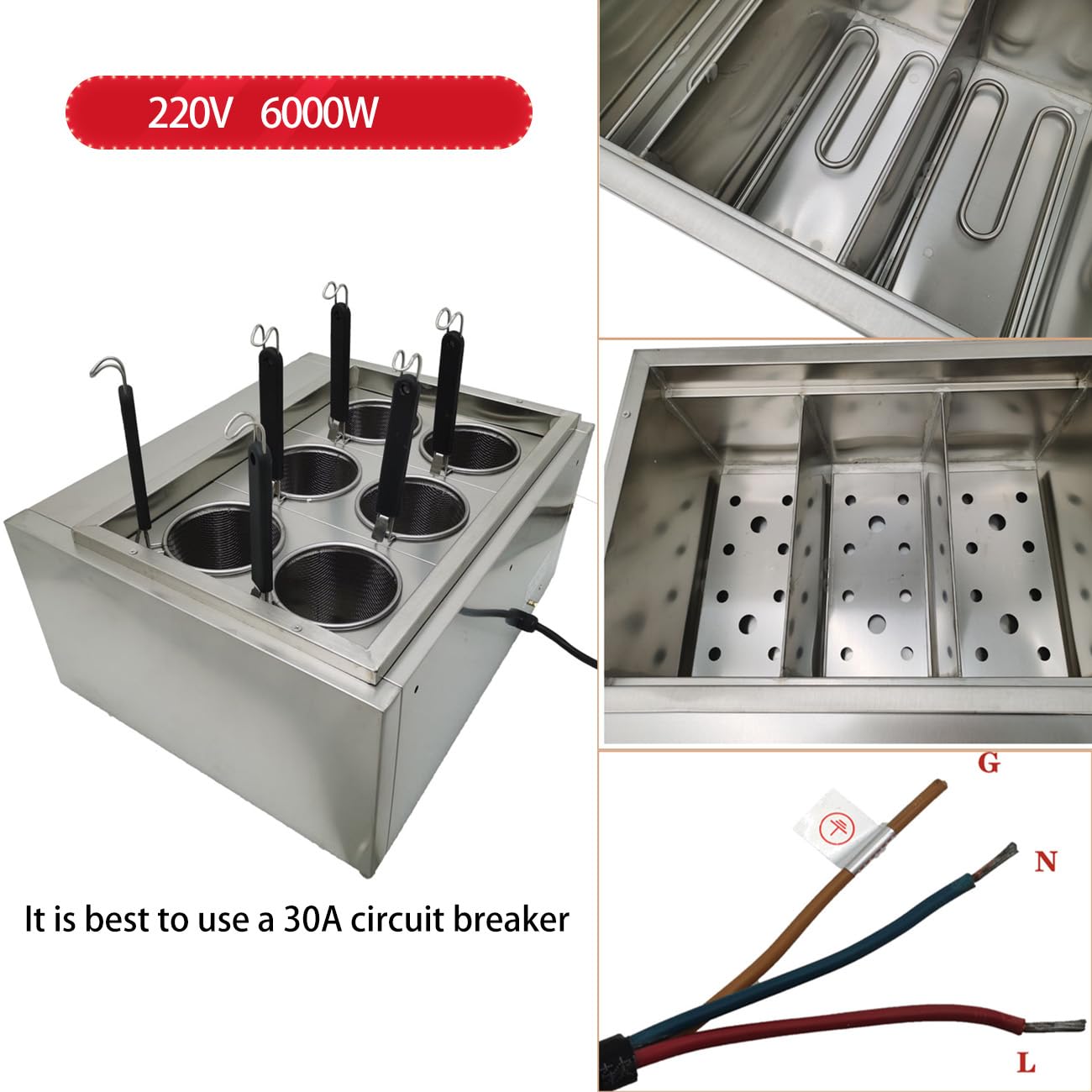 PreAsion 220V Commercial Pasta Cooker with 6 Noodle Filter Electric Pasta Cooking Machine Multifunctional Pasta Warmer Noodles Cooker 6KW for Cooking Dumplings NoodlesVegetables 30-110℃
