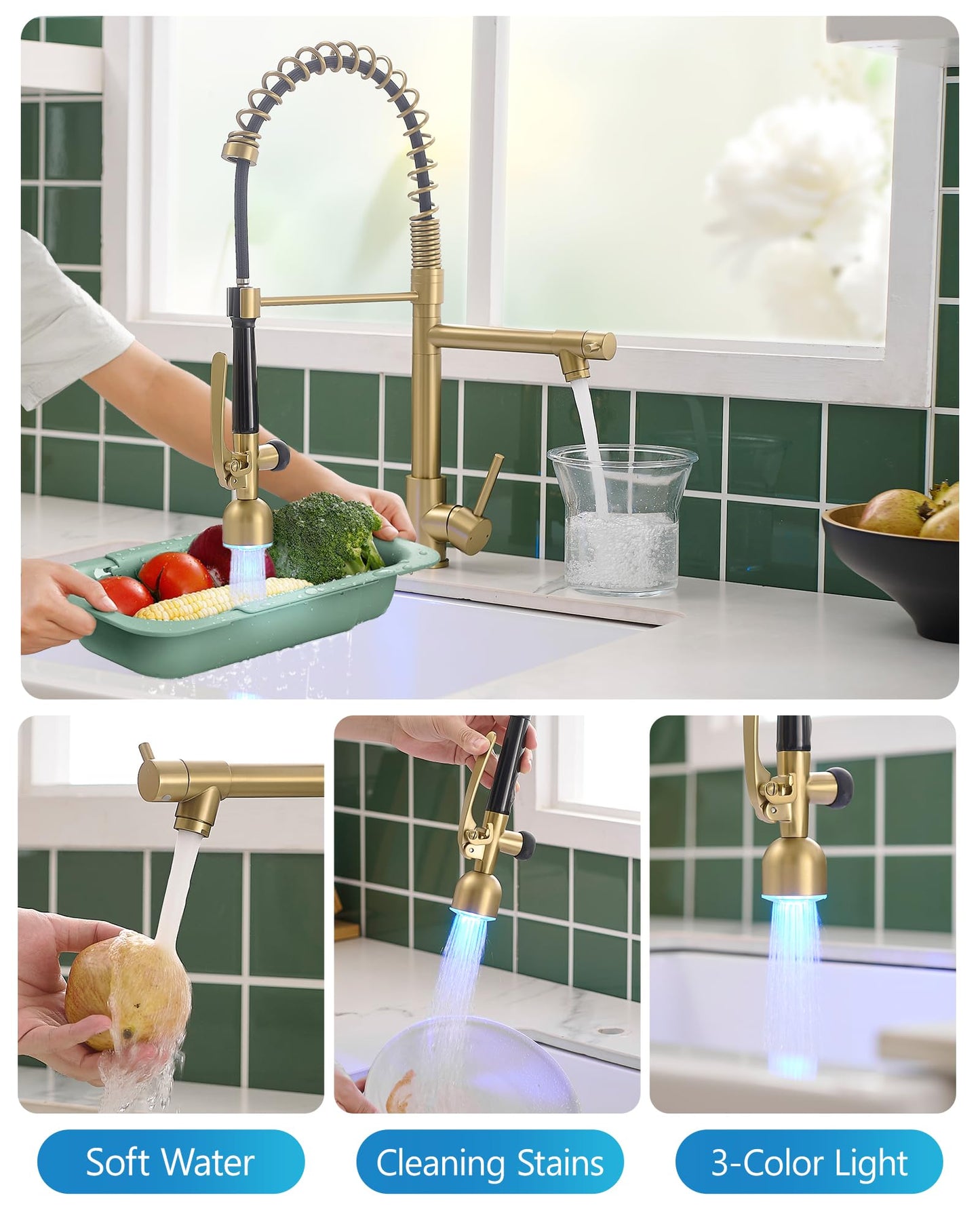 Fapully Single Handle High Arc Brushed Gold Pull Down Kitchen Faucet LED,Single Level Kitchen Sink Faucets with Pull Down Sprayer