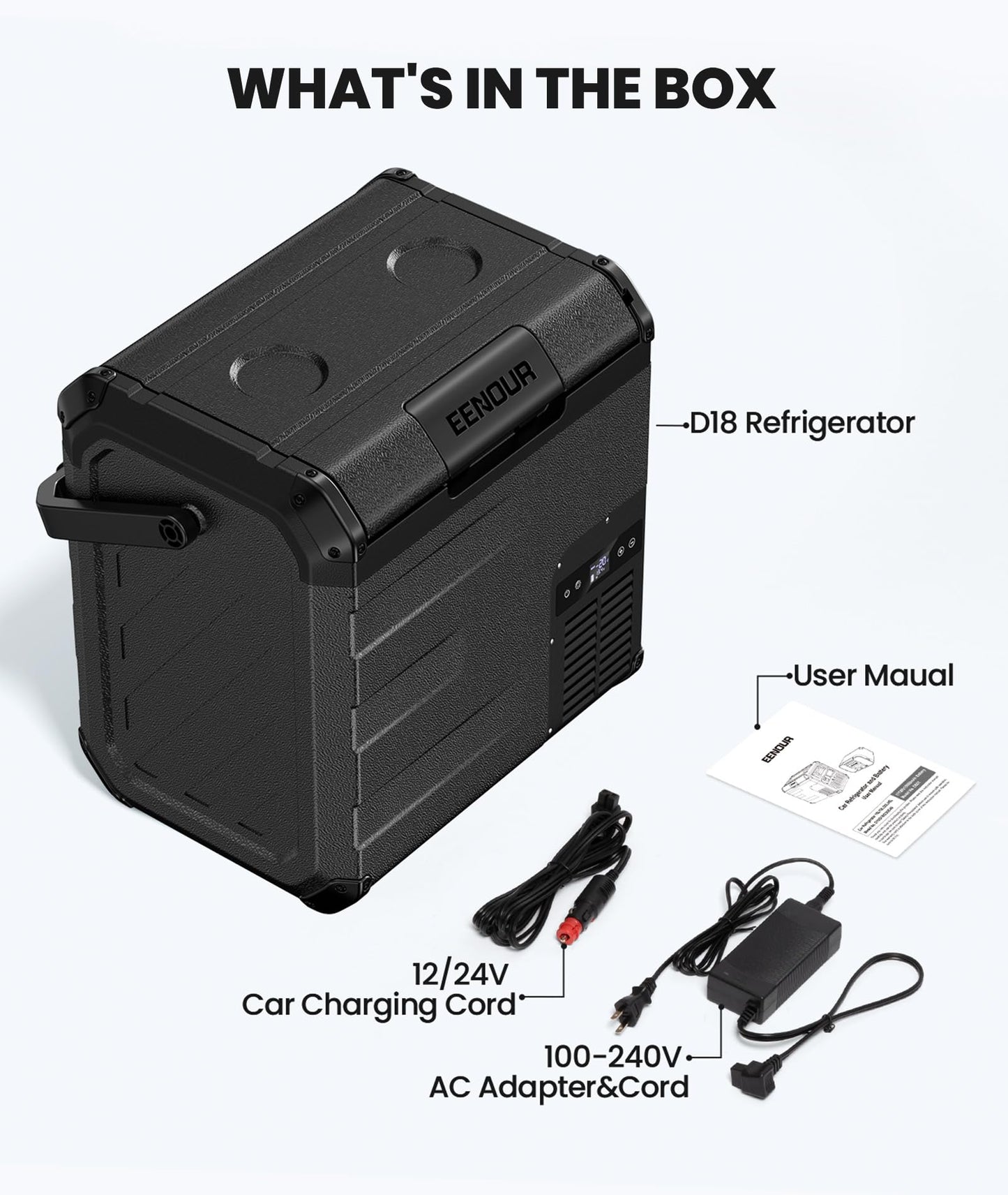 EENOUR D18 12 Volt Car Refrigerator, Portable Freezer 19Qt/18L Battery & Solar Powered Cooler 25W, -4~50℉, 12/24V DC, 110~240V AC, for 1-2 People, Short Trip, Truck (Battery Not Included) Black
