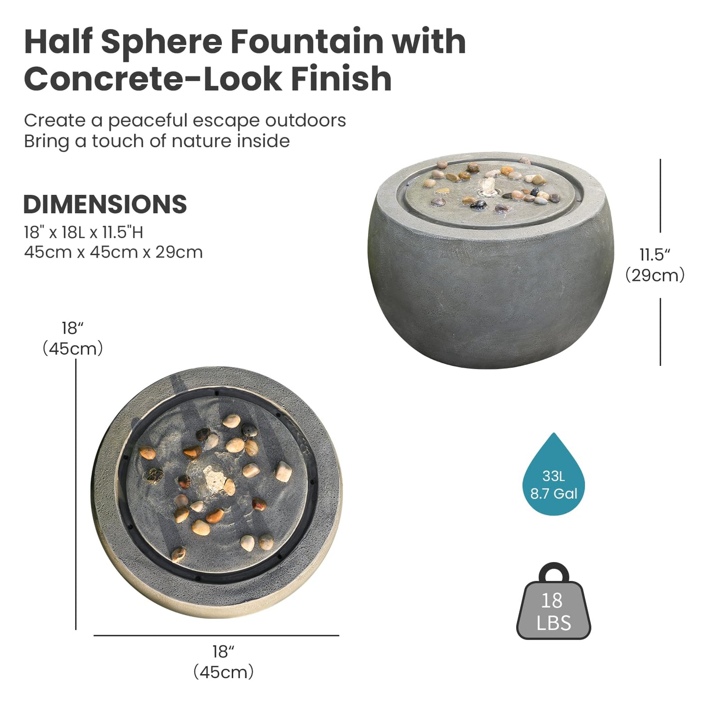 Tankana Garden Water Fountain Outdoor Bubbler Water Feature Indoor with Lights & Pump and Pebbles Waterfall Fountains Concrete Effect for Patio Deck Yard Home Decor Gray, 18 "L x 18" W x 11.5" H