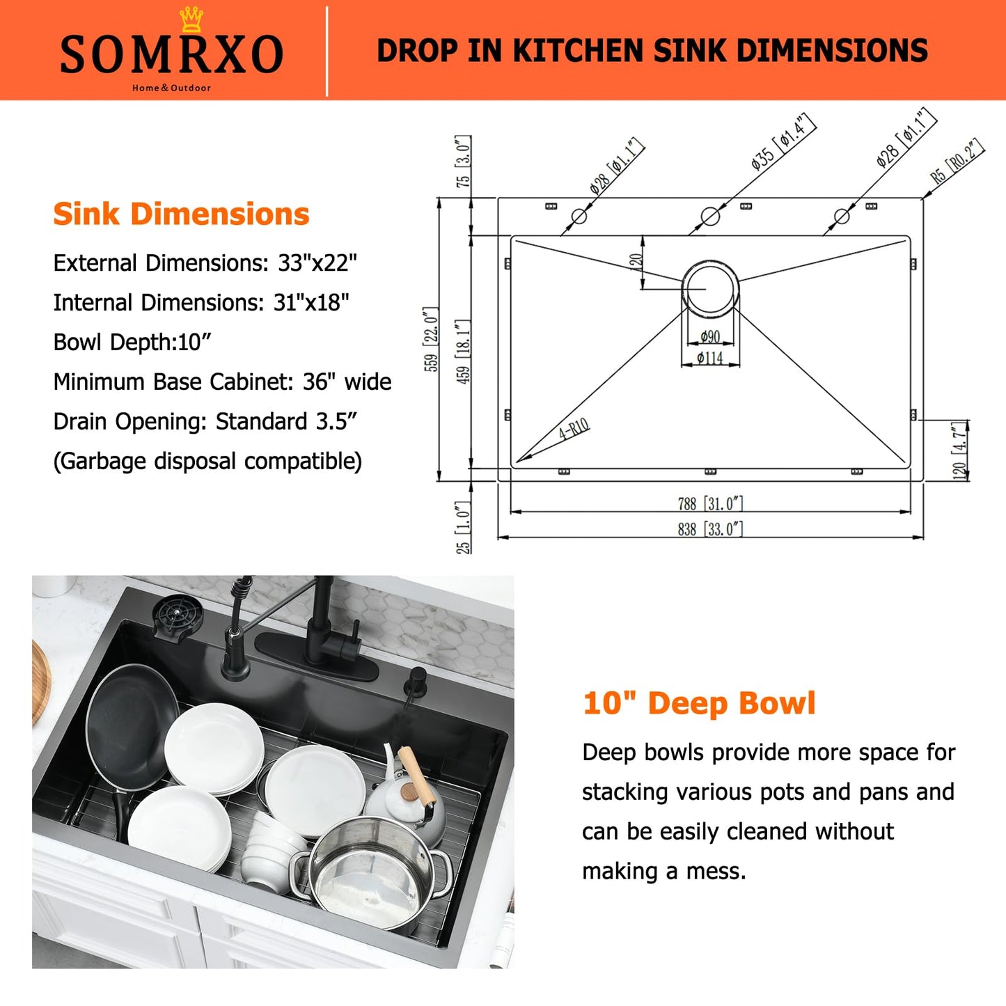 SOMRXO 33x22 Drop In Kitchen Sink and Faucet Combo Set, Black Stainless Steel Kitchen Sink with Cup Washer,9 Inch Deep Single Bowl with Accessories, Heavy-Duty & Easy-Clean Design