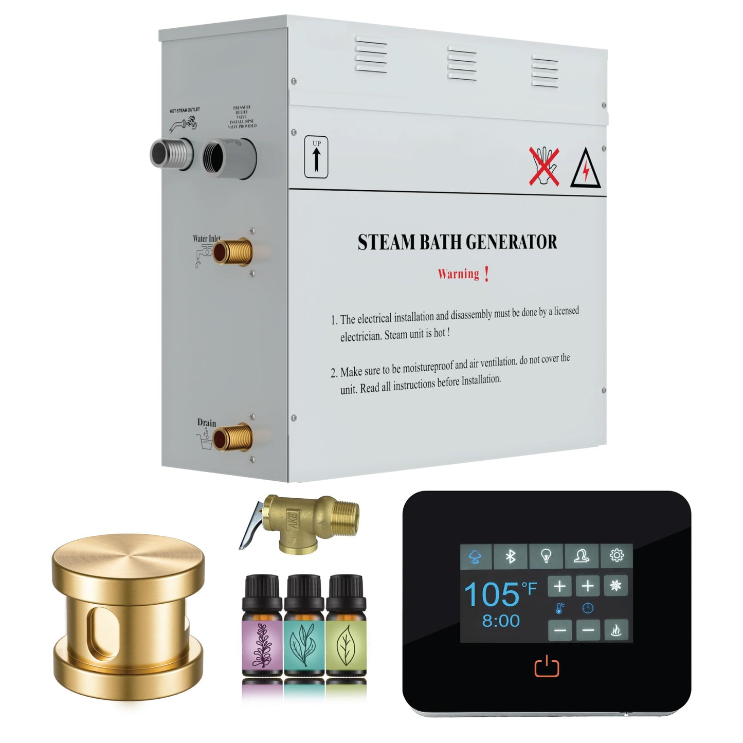 SaunaSpa Builders Series 7.5kW Steam Bath Generator with Quickstart Continuous Steam, Black Digital Touch Pad, Built-in Auto-Drain, and Aroma Steamhead in Gold Finish