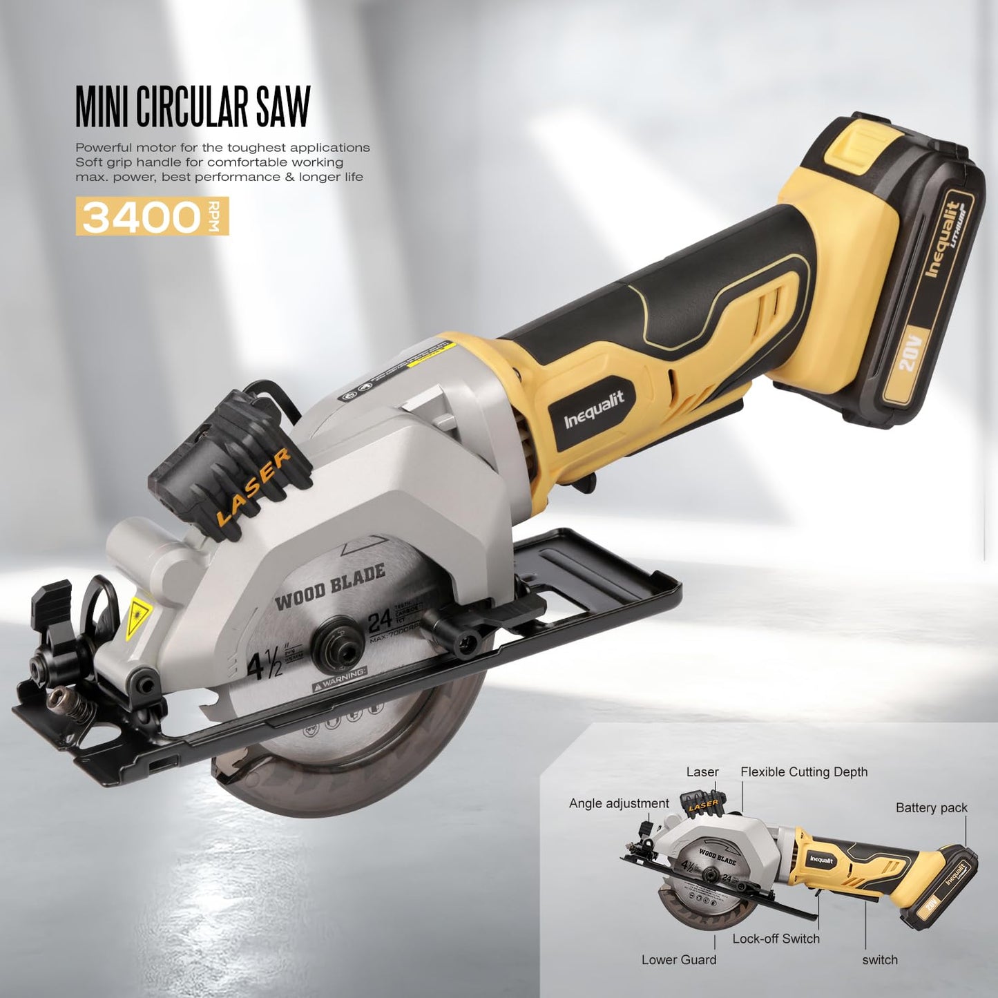 Inequalit 4-1/2 Inch Mini Circular Saw, 3400 RPM Cordless Circular Saw with Laser Guide, Rip Guides, 2 Blades (24T Wood + 60T Metal), Max Cutting Depth 1-11/16" (90°), 1-1/8" (45°)"