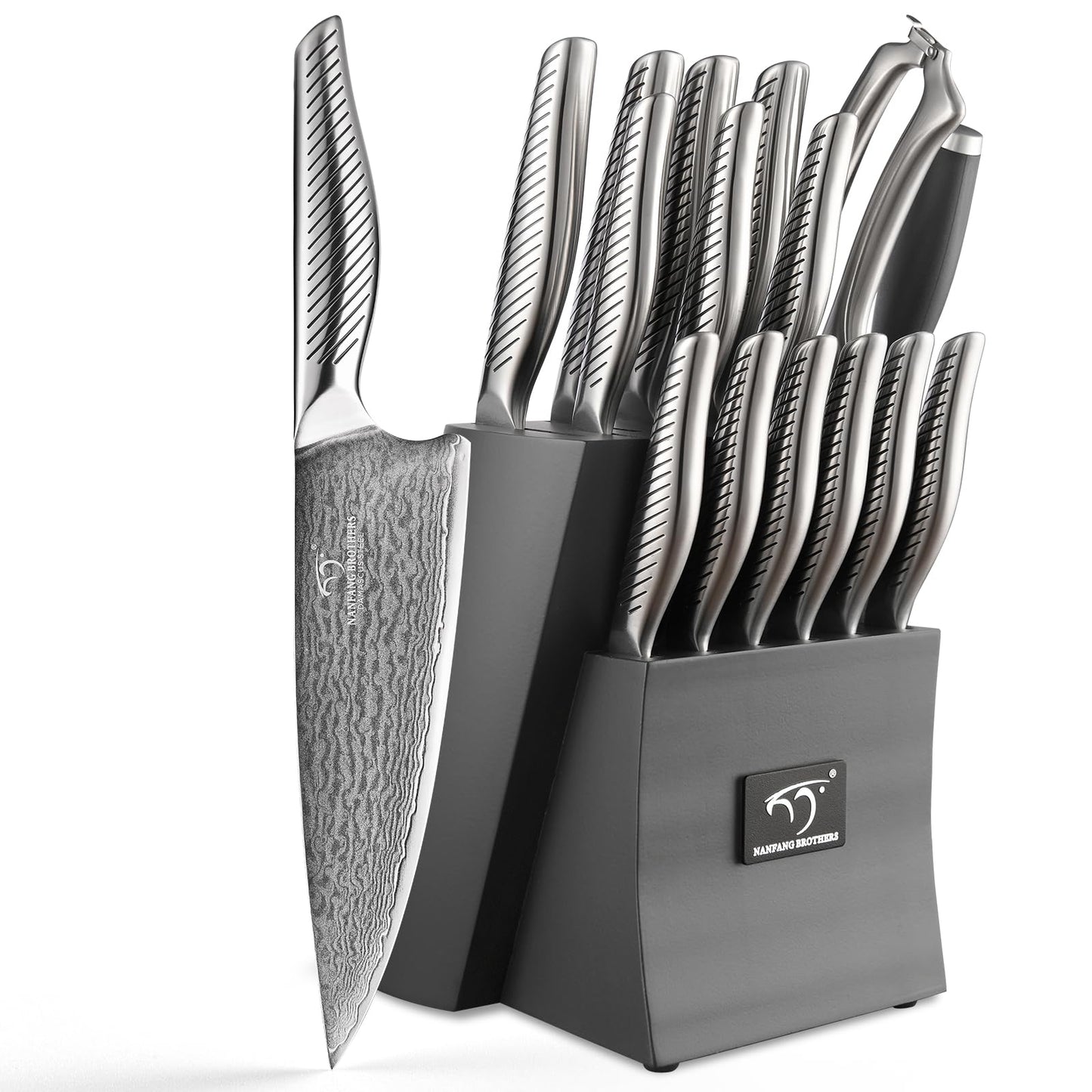 NANFANG BROTHERS® 16 Pieces Damascus Kitchen Knife Set, High Carbon Damascus Steel Chef Knife Set, Stainless Steel Ergonomic Handle for Chef, with Built-in Sharpening Rod
