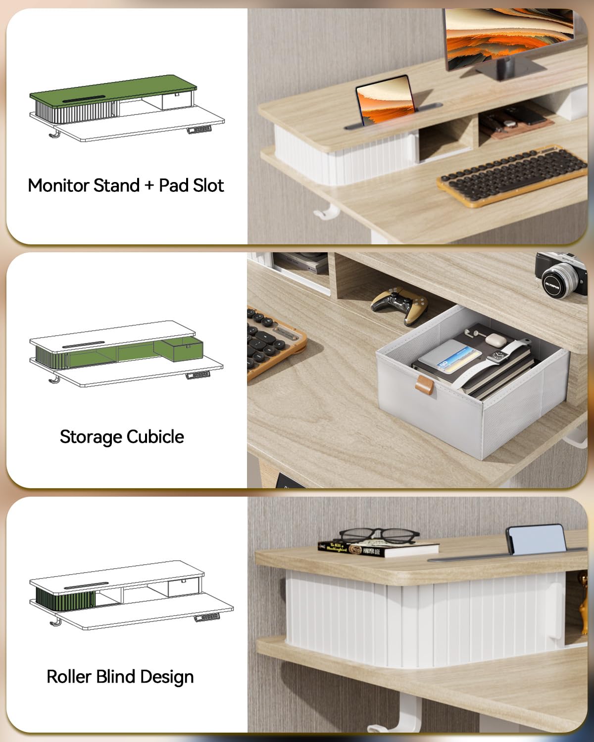 JOY worker Small Electric Standing Desk, 35" x 25" Height Adjustable Desk with Built-in Monitor Stand & Storage Drawer, White Sit Stand Desk with 2 Hooks for Home Office, Light Walnut