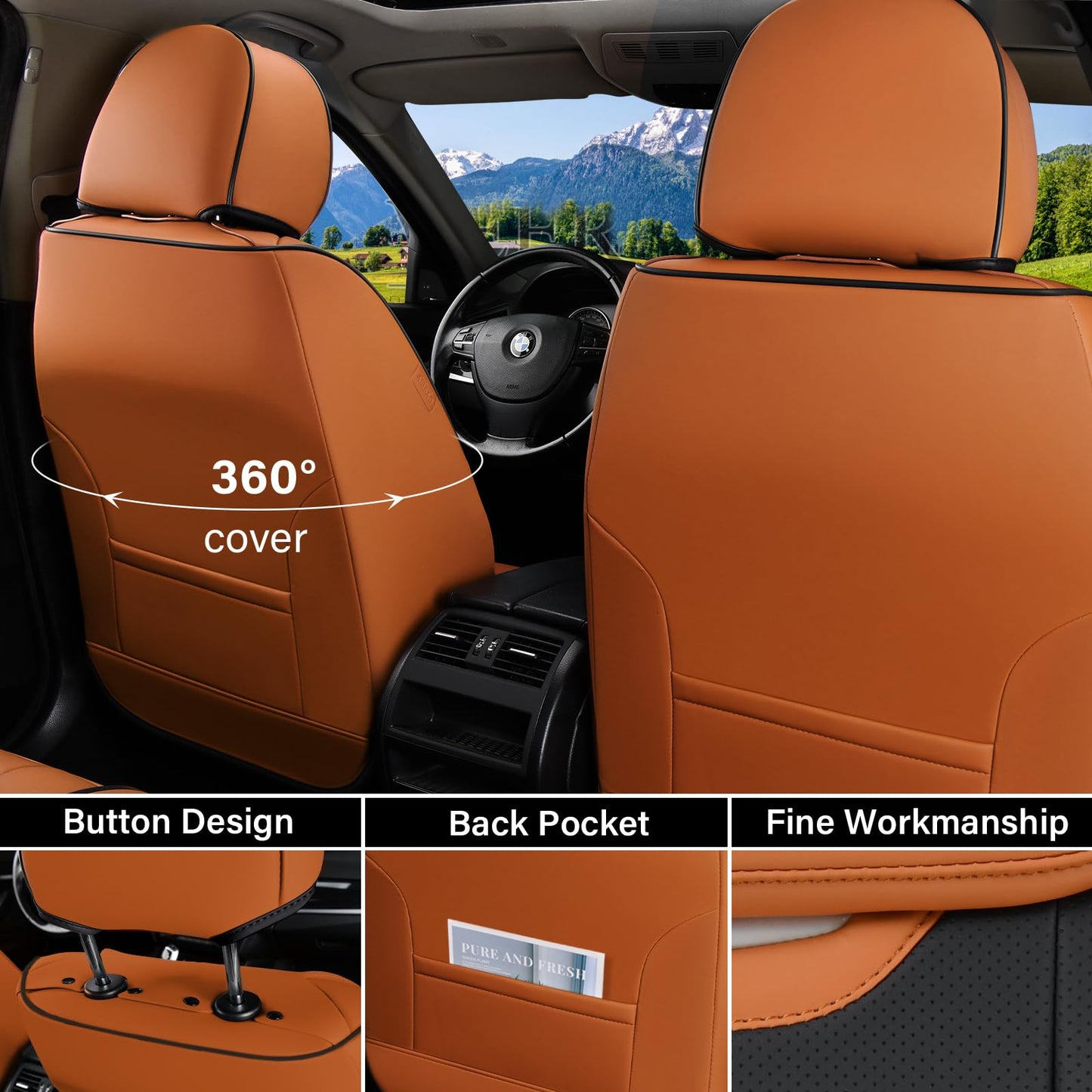 Coverado Car Seat Covers Full Set, Breathable Nappa Leather Seat Covers for Cars, Automotive Seat Covers, Waterproof Front and Back Car Seat Protector Universal Fit Most Cars(Brown&Black)