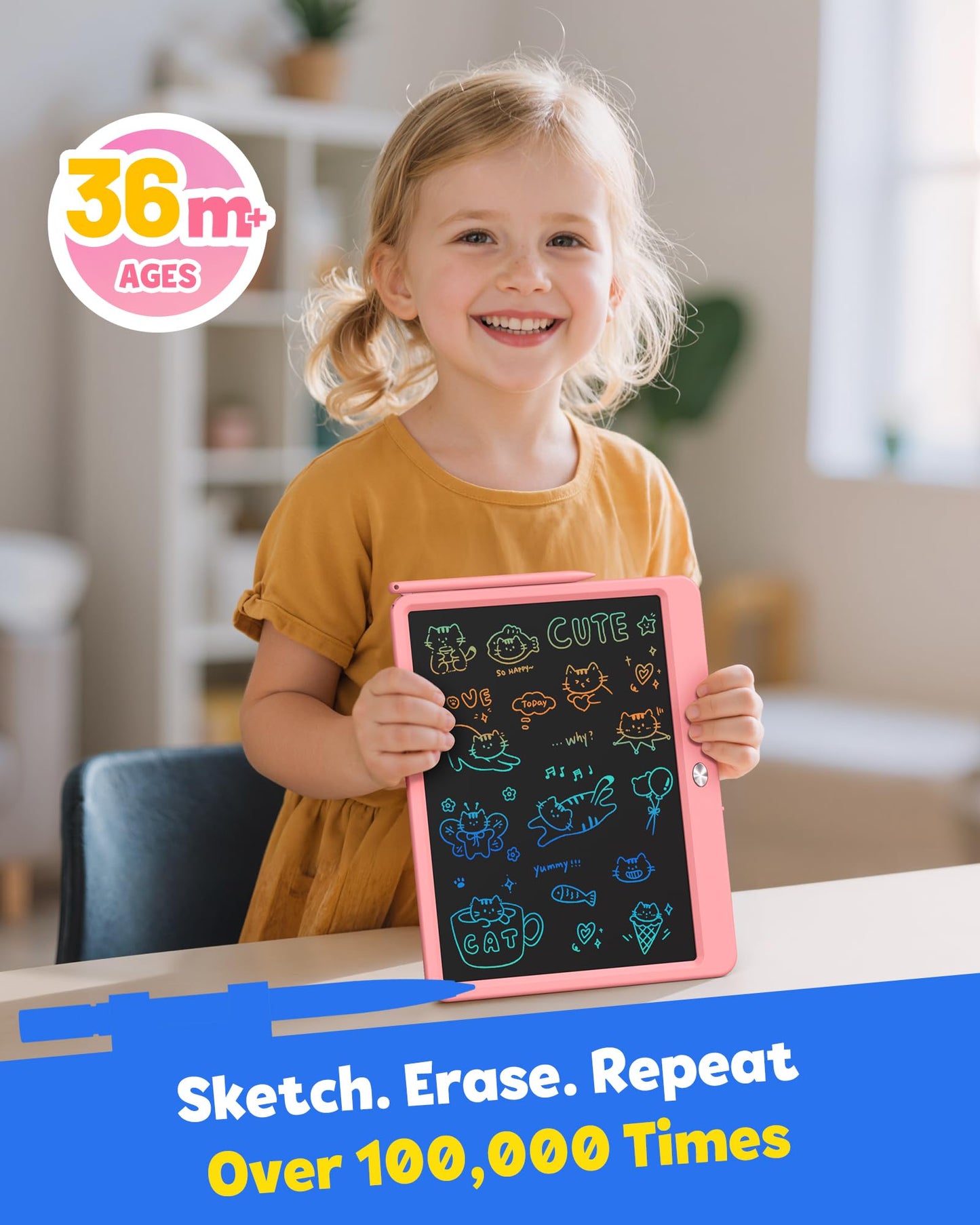 TEKFUN 12 Inch LCD Writing Tablet for Kids, Coloring Drawing Pad, Mess Free Doodle Board, Airplane Travel Toys for Boys and Toddlers, Road Trip Essentials, Gifts for 3 4 5 6 7 8 Year Old Girls(Pink)