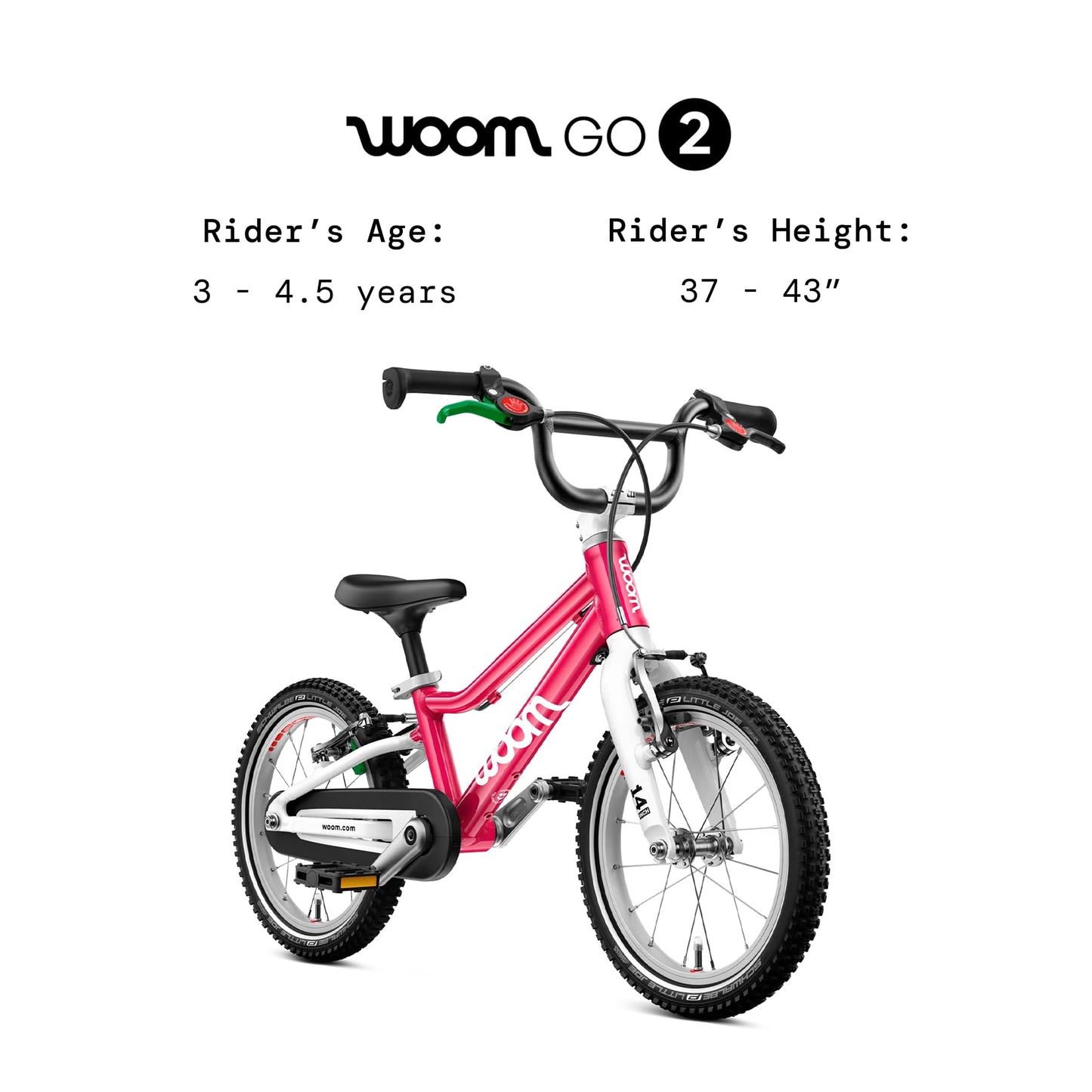 woom GO 2 Bicycle for Children 3 to 4.5 Years Old, 14-Inch Lightweight Bike with Handbrake, Steering Limiter & Chainguard for Boys & Girls - GO 2 - Hot Pink