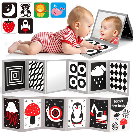 Black and White High Contrast Baby Books Flash Cards Tummy Time Mirror Toys Newborn Toys 0 6 Months Brain Development Infant Stimulating Sensory Toy 0-3 3-6 2 4 5 Months Old Baby Shower Easter Gifts