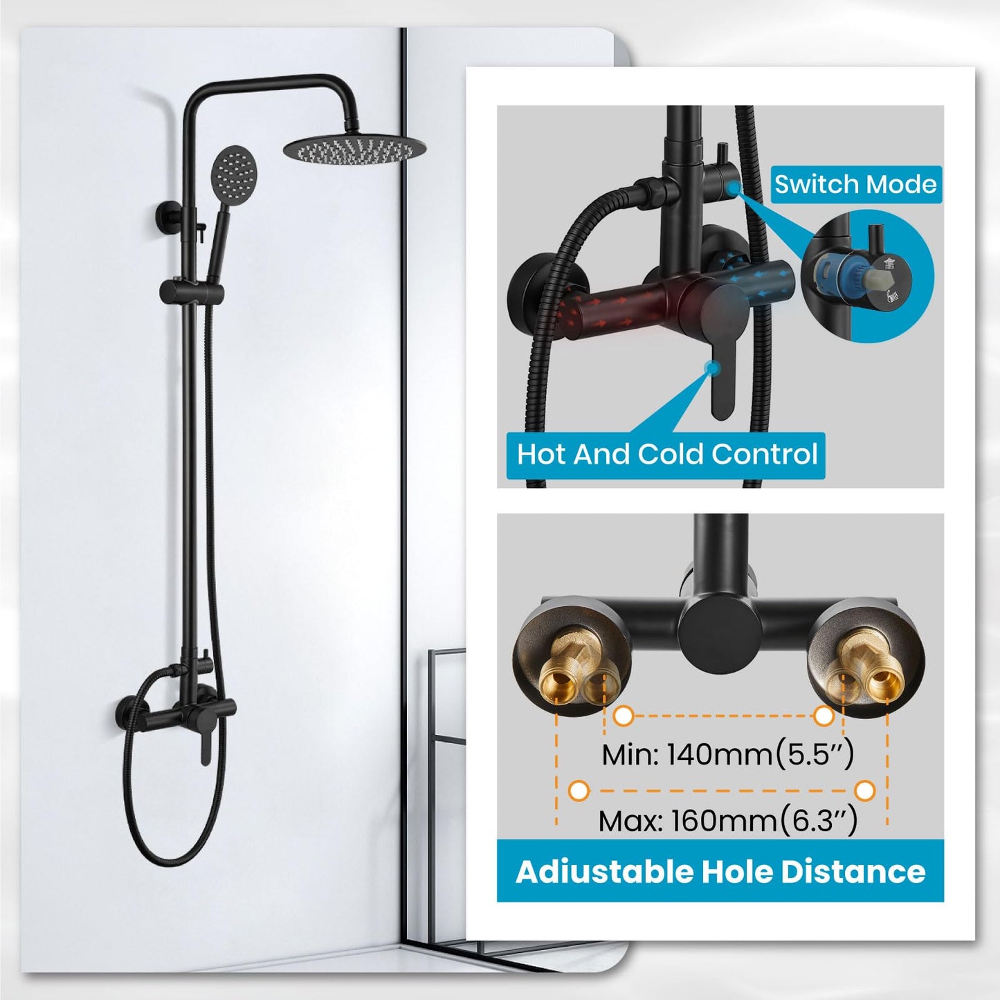 gotonovo SUS304 Outdoor Shower Fixtures High Pressure Rainfall Shower System Combo Wall Mount 2 Dual Function 8 Inch Shower Head and Round Handheld Spray Single Handle Shower Faucet Set Matte Black