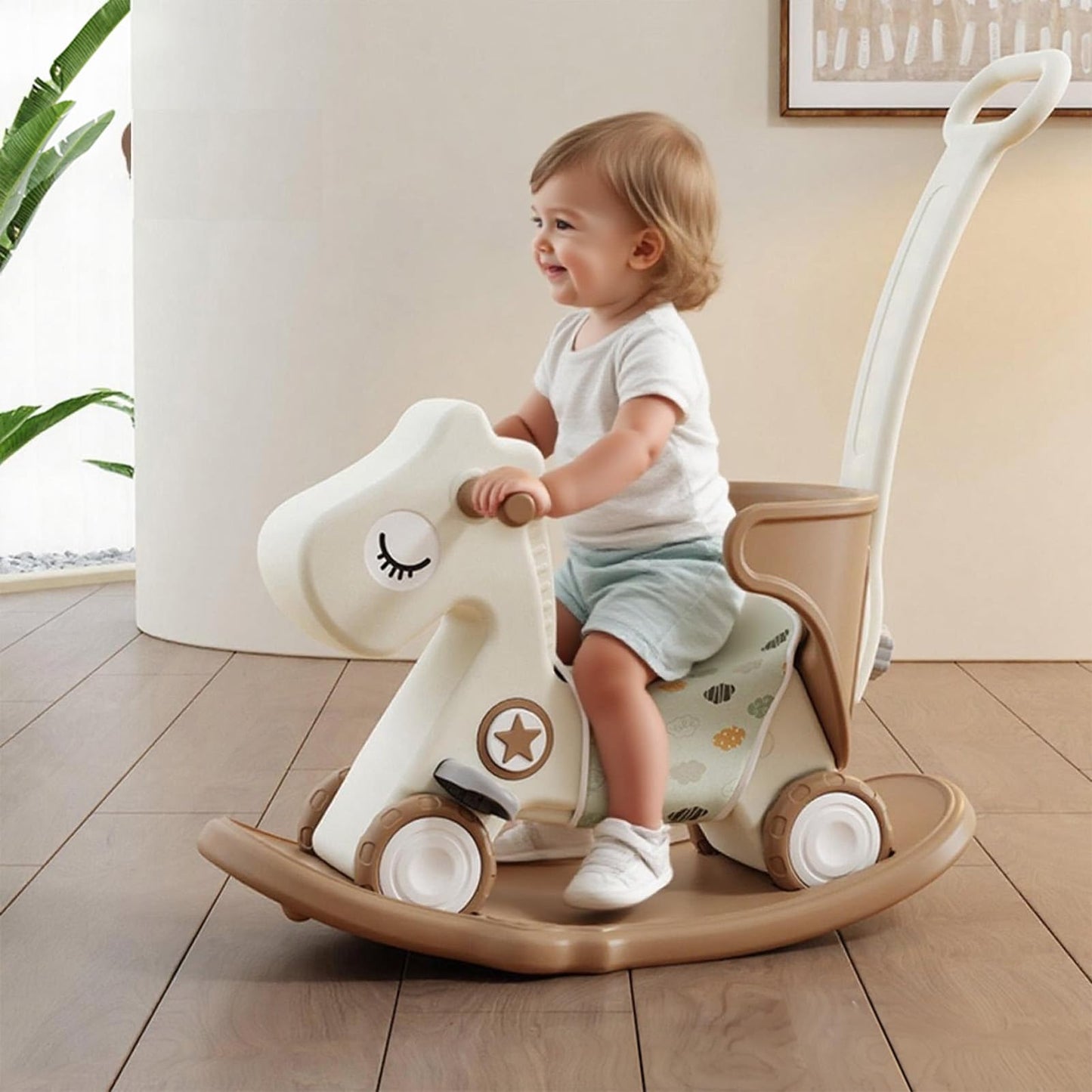 Deer COCO 4 in 1 Rocking Horse for Toddlers 1-3, Baby Ride On Toys with Balance Board & Push Handle, Convertible Push Car, Birthday Gift for 1 Year Old Boys Girls (Tan)
