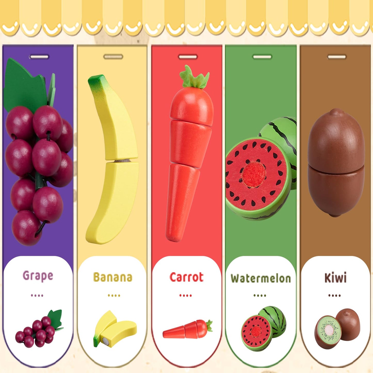 45 Pcs Wooden Pretend Play Food Set for Kids Kitchen - Realistic Cutting Fruits & Veggies with Easy-Cleanup Storage Bucket, Montessori Learning Toy Gift for Toddlers Ages 3-6