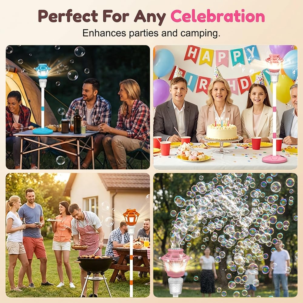Bubble Machine for Kids, 2026 New 47" Rechargeable Automatic Bubble Maker with Light and Music for Outdoor, Adjustable Height Stand with Detachable Wand, Bubble Solution Included for Party (Pink)
