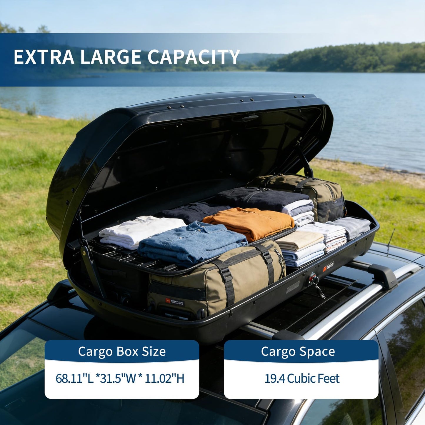 Rooftop Cargo Box Carrier, 19.4 Cubic Hardshell Rooftop Cargo Carrier, Dual-Side Opening, Universal Fit for Cars & SUVs, 165Lbs Weight Capacity with Secure Straps&Keys