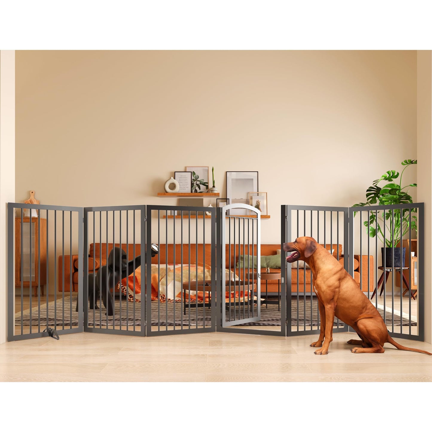JSB 144-inch Extra Wide 30-inch Tall Dog gate with Door Walk Through, Freestanding Round Tube Pet Gate for Halls Stairs, Puppy Safety Dog Fence with 2PCS Support Feet (Black)