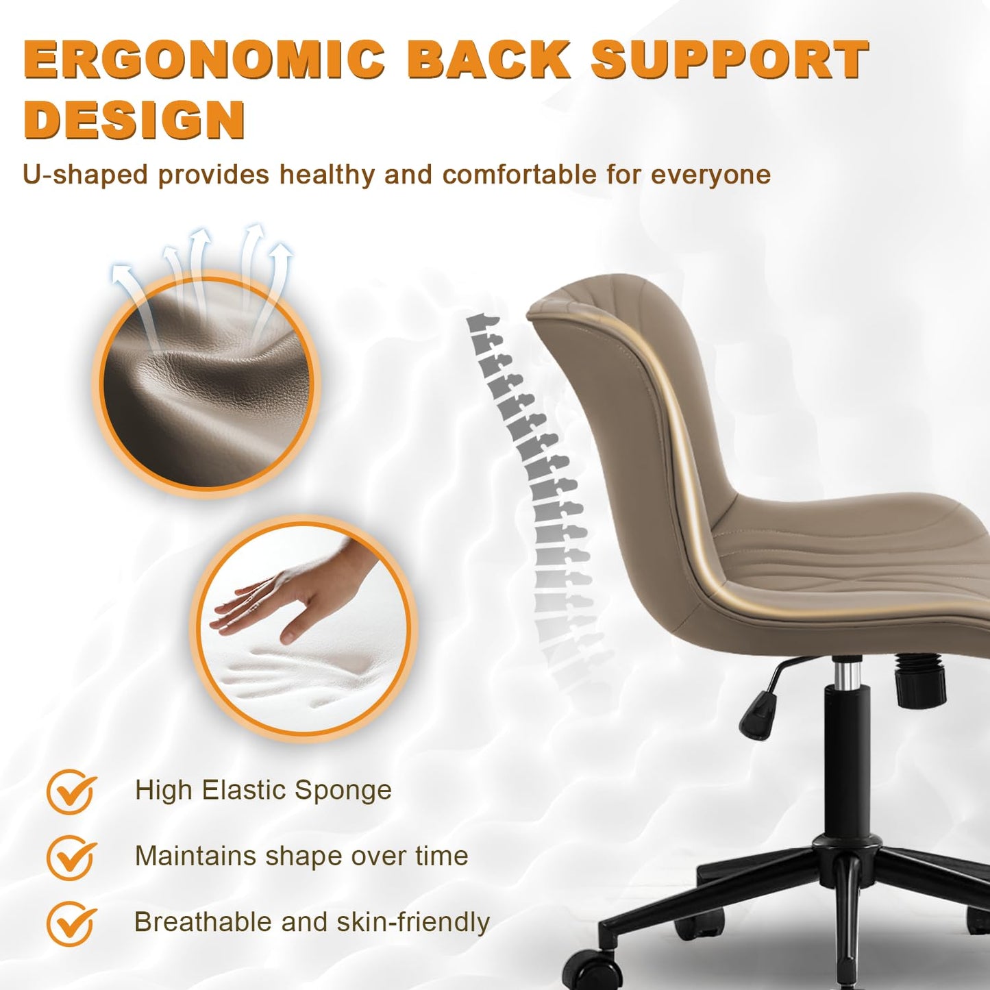 VATROS Office Chair, Armless Desk Chair with Wheels, Ergonomic Comfy Home Office Computer Task Chairs,Faux Leather Padded Cute Vanity Chair, Adjustable Height Swivel Chair with Back, Khaki