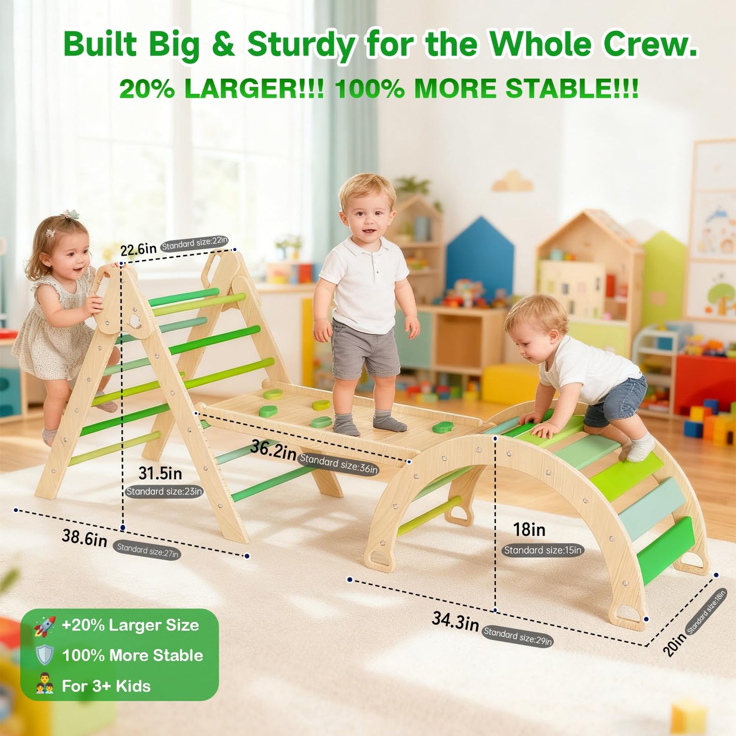 ZippyZebra Large pikler Triangle Set with Cushion，7 in 1 Foldable Baby Jungle Gym with Ramp & Arch，Wooden Montessori Toddler Climbing Toys Indoor for Toddlers 1-6 Year Old (Green)