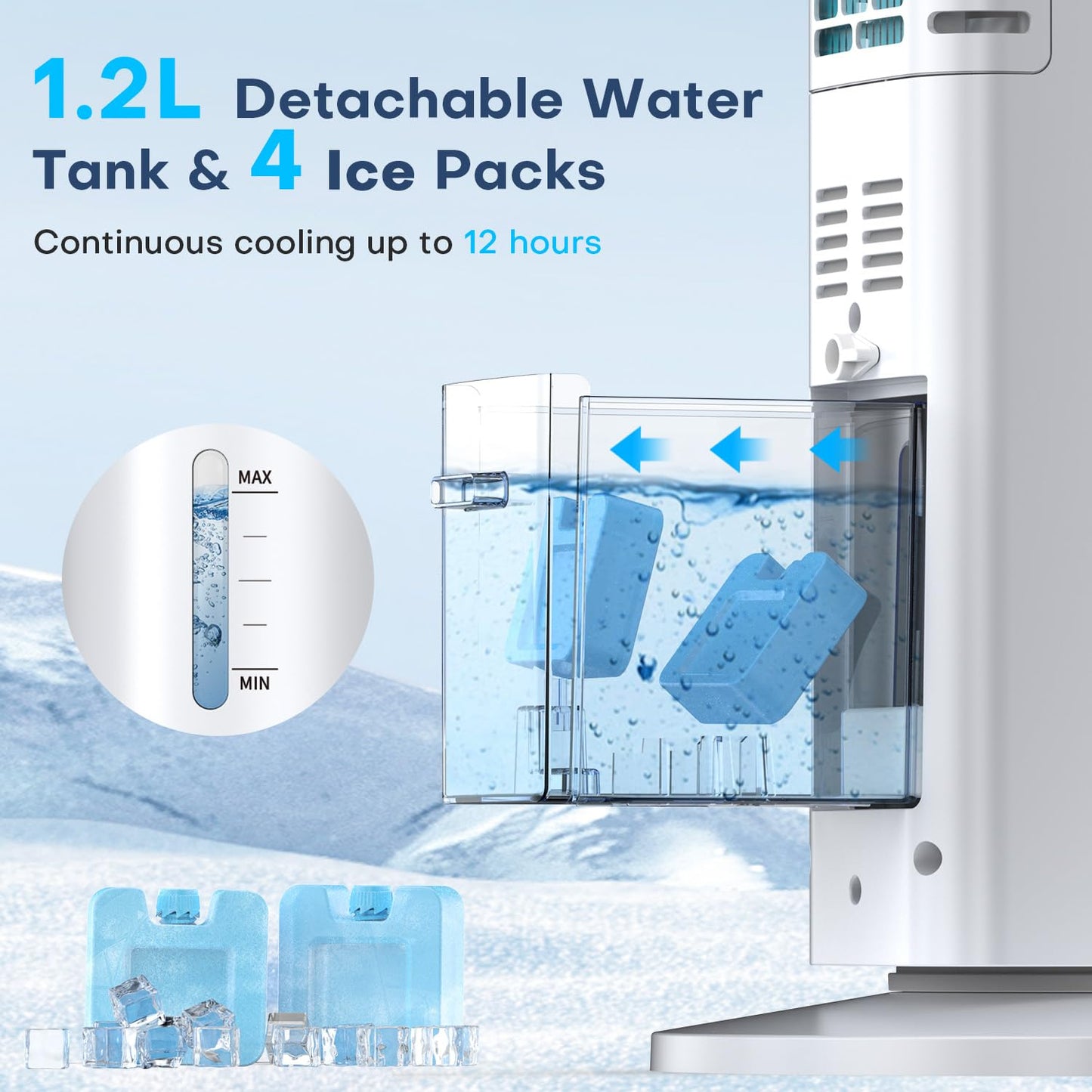 CENSTECH Windowless Portable Air Conditioners, 35" Swamp Cooler w/4 Ice Packs, 3 Speeds, 25ft Remote &7H Timer, 90°Oscillating Evaporative Air Cooler, AC Unit Cooling Fans that Blow Cold Air for Room