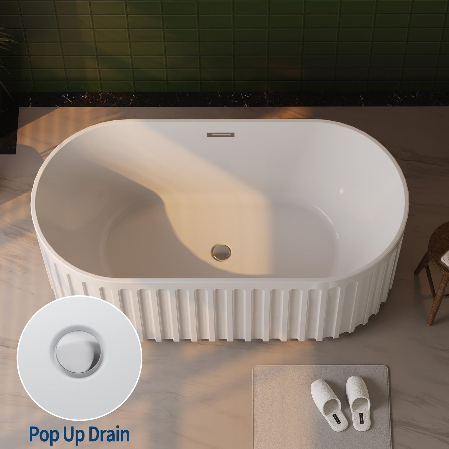 59" Modern V-Shape Freestanding Bathtub - Gloss White Acrylic Soaker with Pleated Design, Chrome Drain & Overflow,Cupc Certified,Gloss White