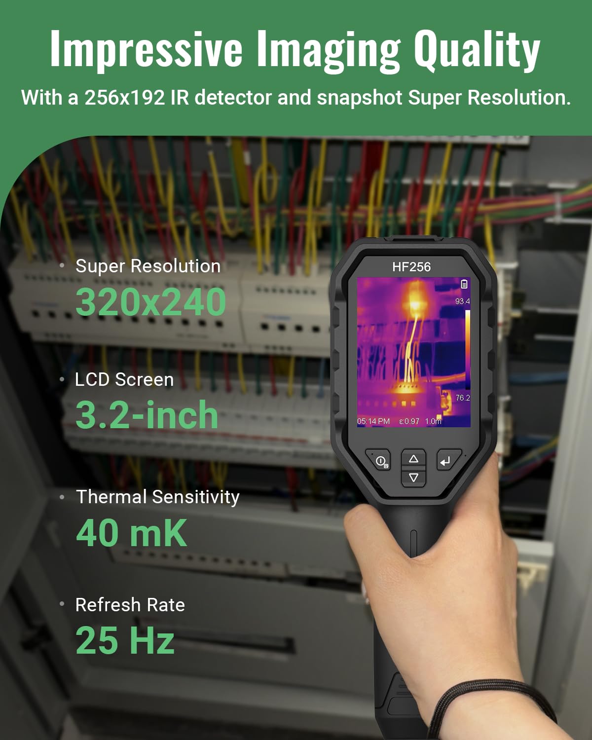 HF256 Thermal Imaging Camera, 256 x 192 IR Resolution, Super Resolution 320 x 240 Therma Camera, 3.2" LCD Screen, 25 Hz Frame Rate, High/Low-Temperature Alarm, 16 GB Storage Infrared Camera