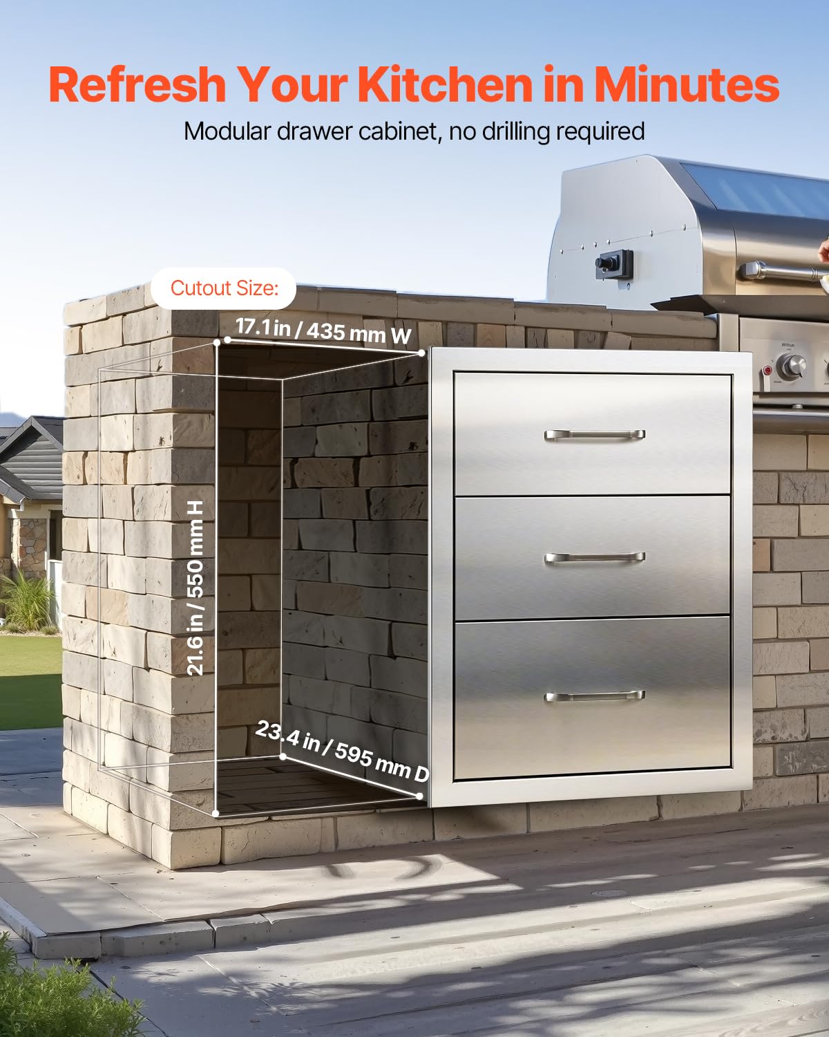 VEVOR Outdoor Kitchen Drawers 18.11" W x 23.23" D x 23.23" H, Triple-Access Stainless Steel Modular Drawer Cabinet with Handles, BBQ Island Drawer for Outdoor Kitchen or BBQ Island Patio Grill Station