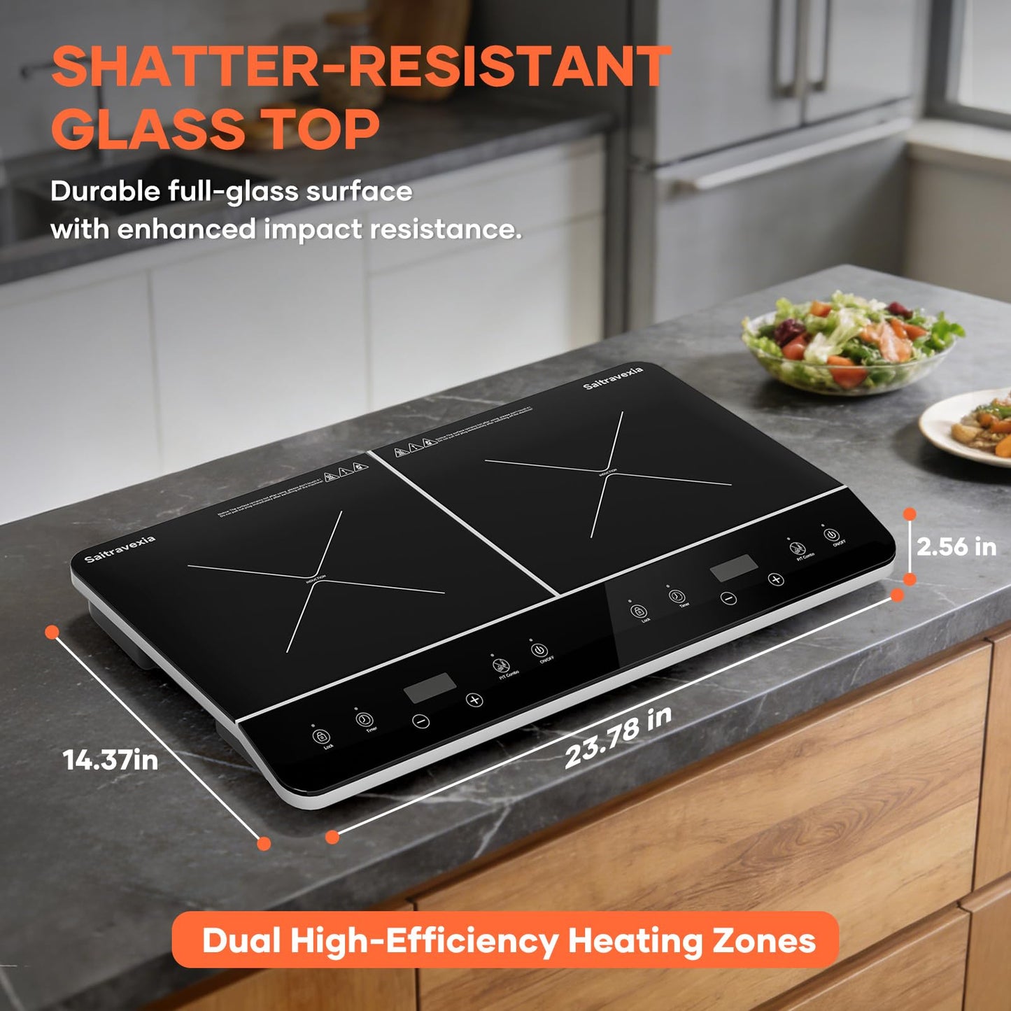 Saitravexia 24 Inch Double Induction Cooktop, Touch Control Electric Cooktop with Dual Burners, Shared 1800W Power, Low-Power Continuous Heating, Countertop Use