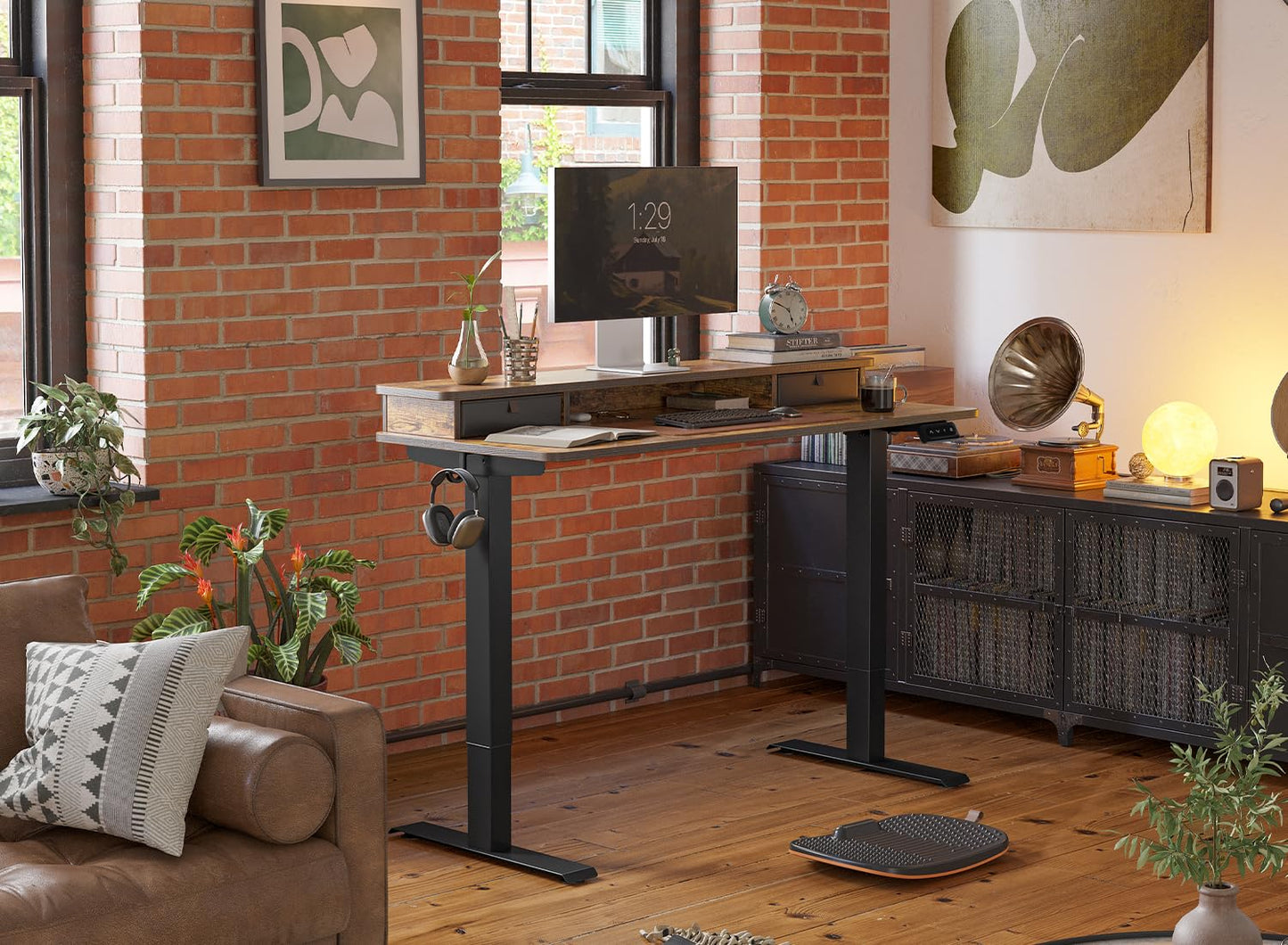 FEZIBO 40 x 24 Inch Height Adjustable Electric Standing Desk with Double Drawer, Stand Up Desk with Storage Shelf, Sit Stand Desk, Rustic Brown