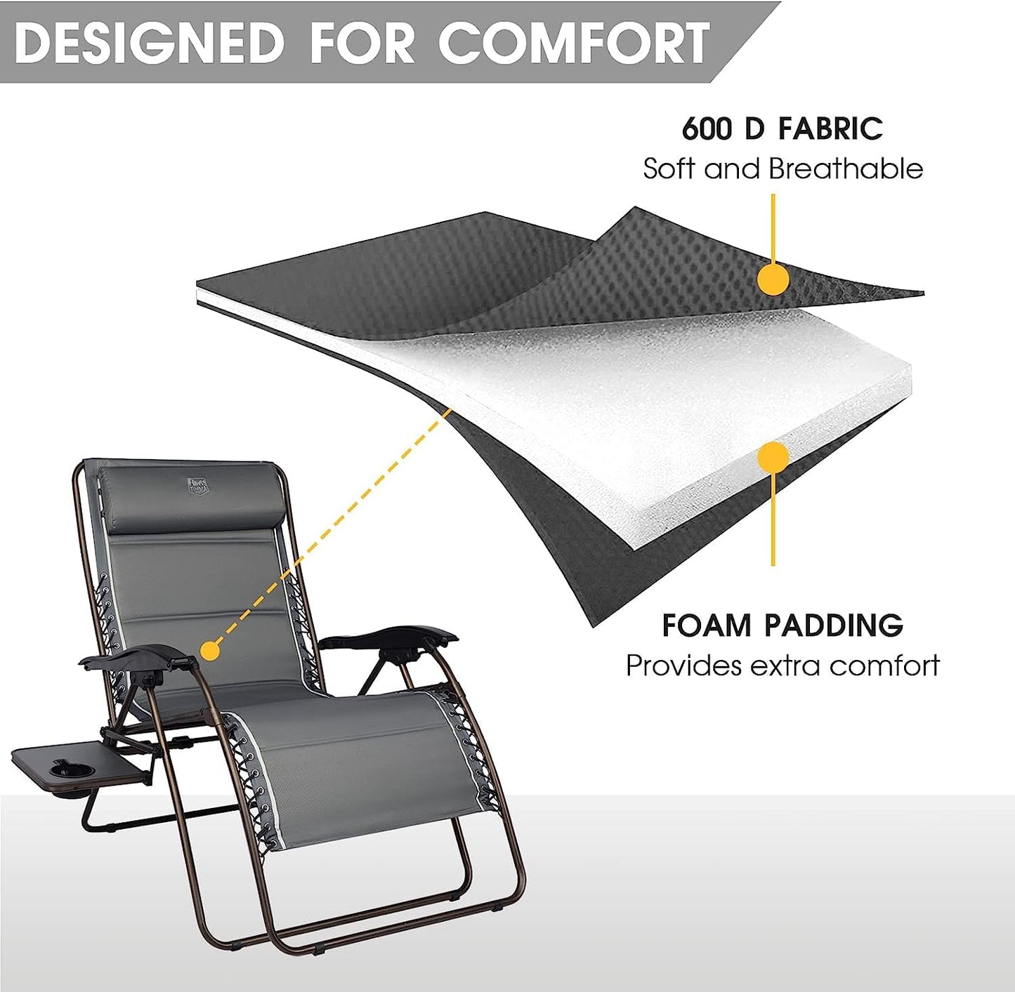 Timber Ridge Oversized Zero Gravity Chair, 33In Wide XXL Zero Gravity Reclining Chair with Side Table, Full Padded Lounge Chair for Outdoor Camping Patio Lawn, Heavy Duty Supports 500lbs, Grey-2 Pack