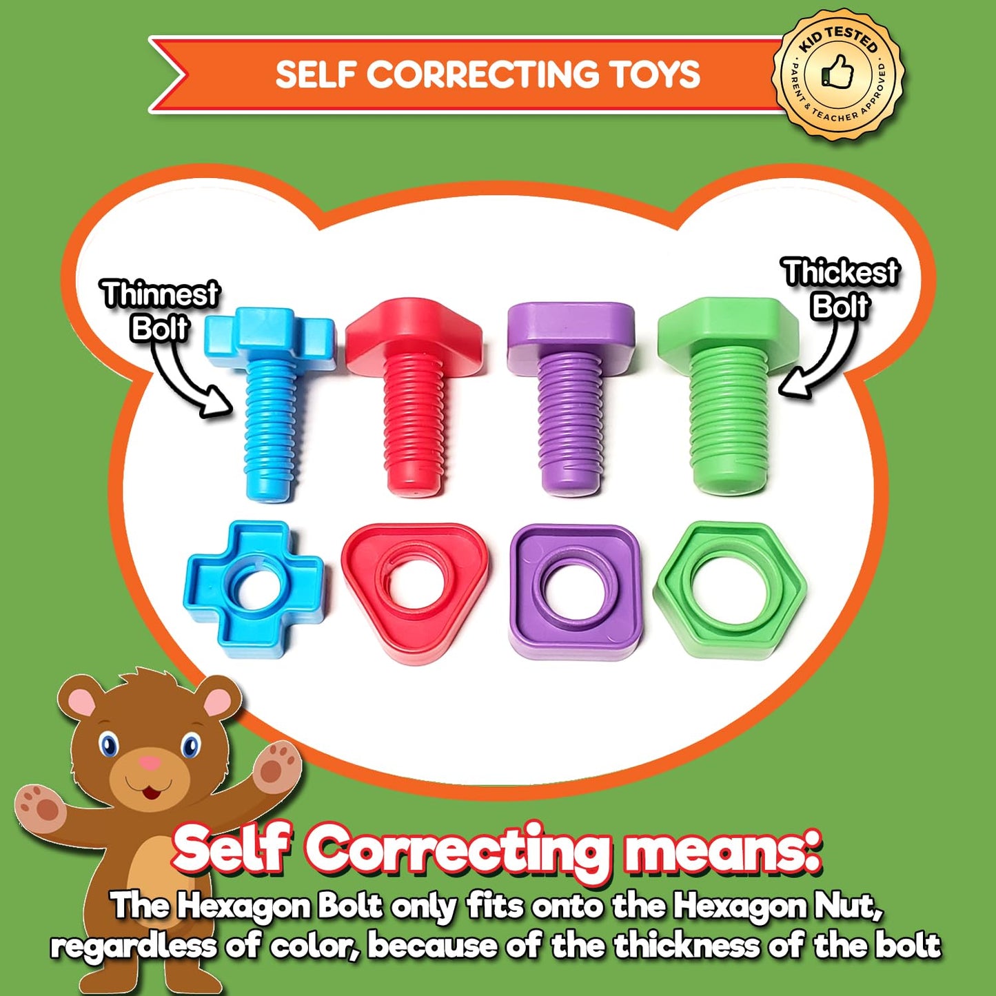 Jumbo Nuts and Bolts For Toddlers - Fine Motor Skills Rainbow Matching Game Montessori Toys For Toddlers & Toddler Games | 12 pc Occupational Therapy Educational Toys with Toy Storage + eBook