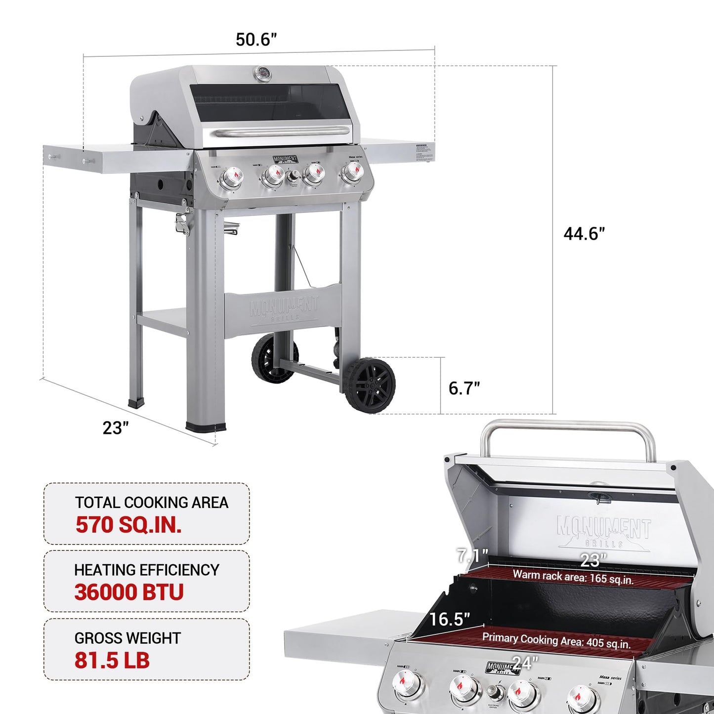 Monument Grills 4-Burner Liquid Propane Gas Grill, Silver Stainless Steel Grill Outdoor Patio Garden Barbecue Grill with Clearview® Lid and One Foldable Shelf, Mesa400MF