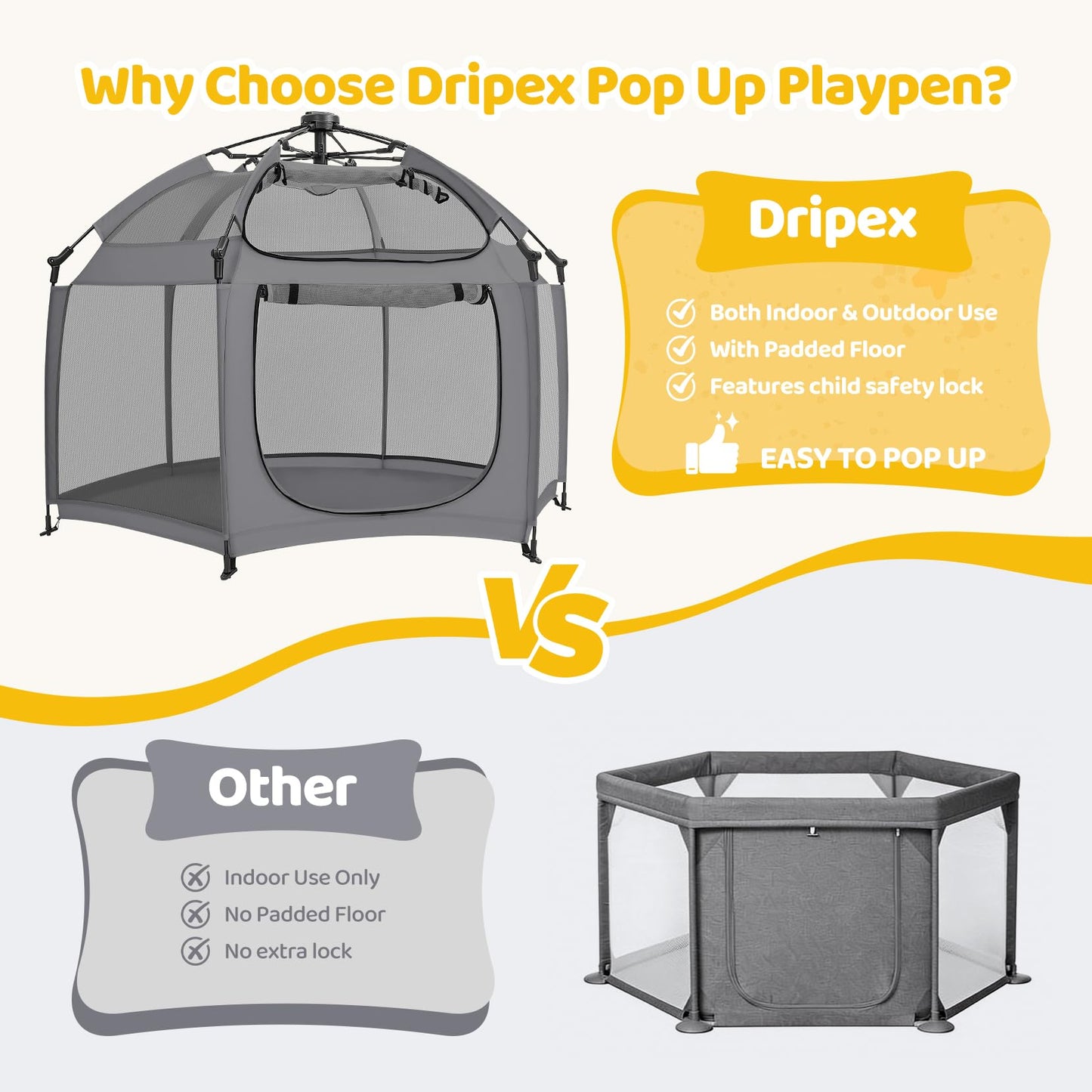 Dripex Pop Up Playpen for Babies and Toddlers with Built-in Pad & One-Click Safe Lock,Foldable Indoor/Outdoor Playpen with Roll-Up Door &Top Mesh Window, Portable Travel Play Pen &Baby Beach Tent,Grey