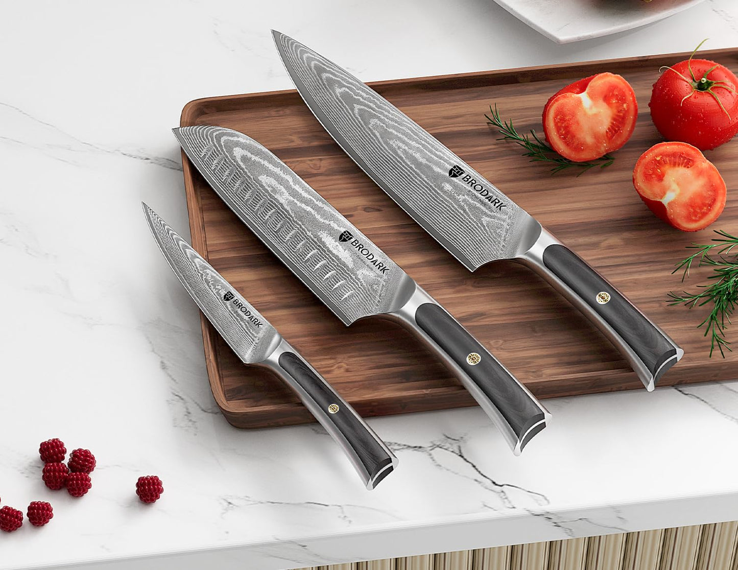BRODARK Damascus Chef Knife 3 PCS, VG10 Steel Full Tang Sharp Professional Japanese Chef Knife Set for Kitchen, Ergonomic Pakkawood Handle Damascus Knife Set with Gift Box