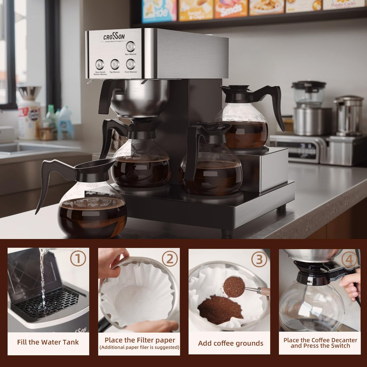 crosson 12 Cup Commercial Coffee Brewer with 4 Warmers & 4 Glass Decanter,Pour Over Drip Coffee Maker with Stainless Steel Housing and 304 SS Funnel
