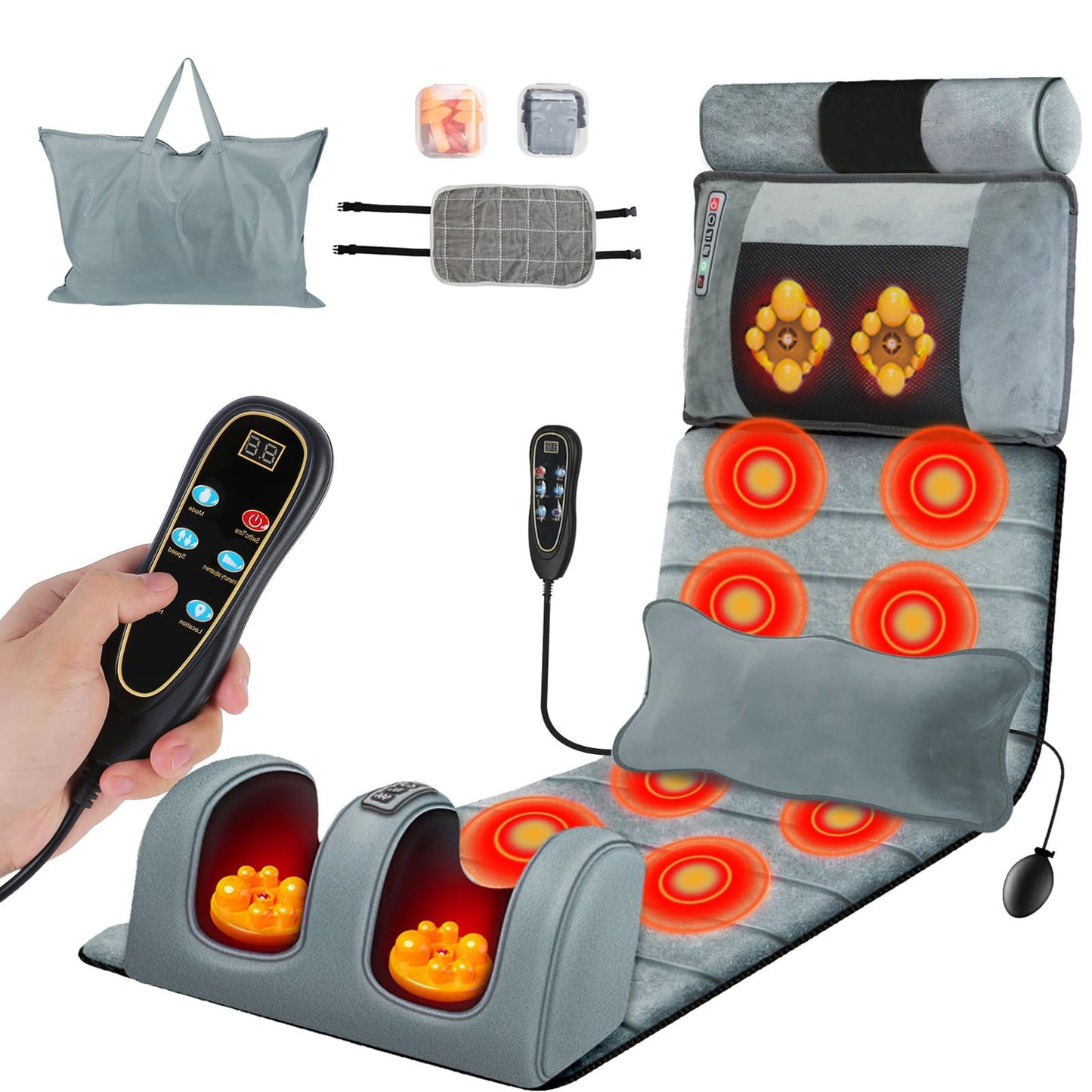 KOCASO Full Body Massage Mat with Heat, Electric Massage Mat Chair Pad Back/Neck/Foot Massager, Detachable Lumbar& Head Pillow W/ 2 Earplugs-Vibration & Kneading for Stress Relief/Gift