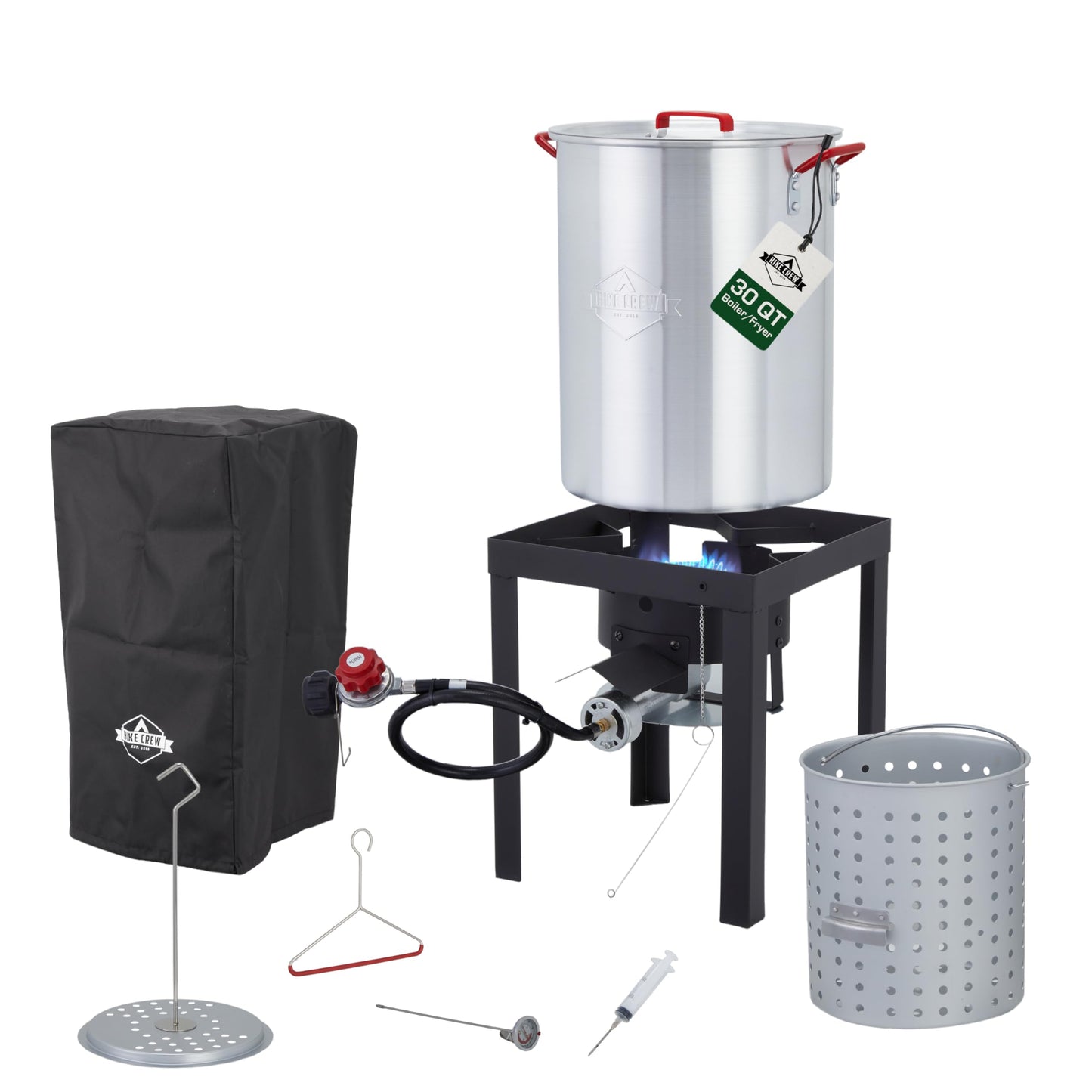 Hike Crew Outdoor Turkey Fryer Kit - Complete Kit for Steaming, Boiling & Frying with 30Qt Boiler Pot, Fry Basket, 12” Thermometer, Injector, Lifter, Turkey Stand, Gloves, Storage Cover & More