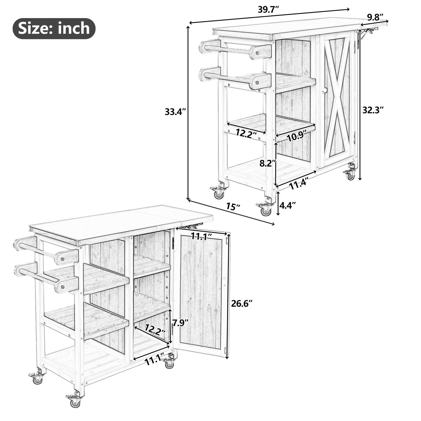 Casaphoria Outdoor Grill Cart with Folding Stainless Steel Tabletop,40" x 15" Rolling BBQ Prep Station & Kitchen Island, Wood Garden Table with Storage Cabinet and Towel Rack,Natural Finish