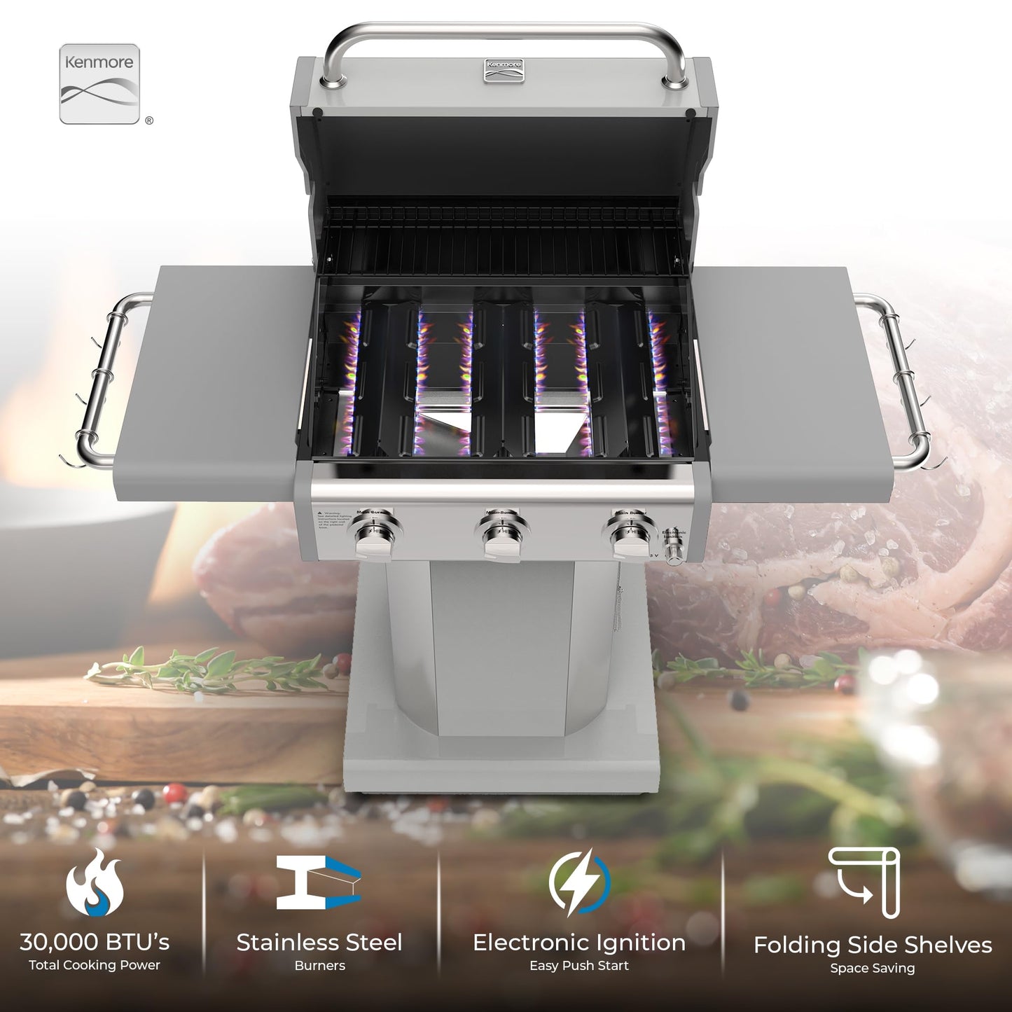 Kenmore 3-Burner Outdoor BBQ Grill | Liquid Propane Barbecue Gas Grill with Folding Sides, PG-A4030400LD-PE, Pedestal Grill with Wheels, 30000 BTU, Pearl White