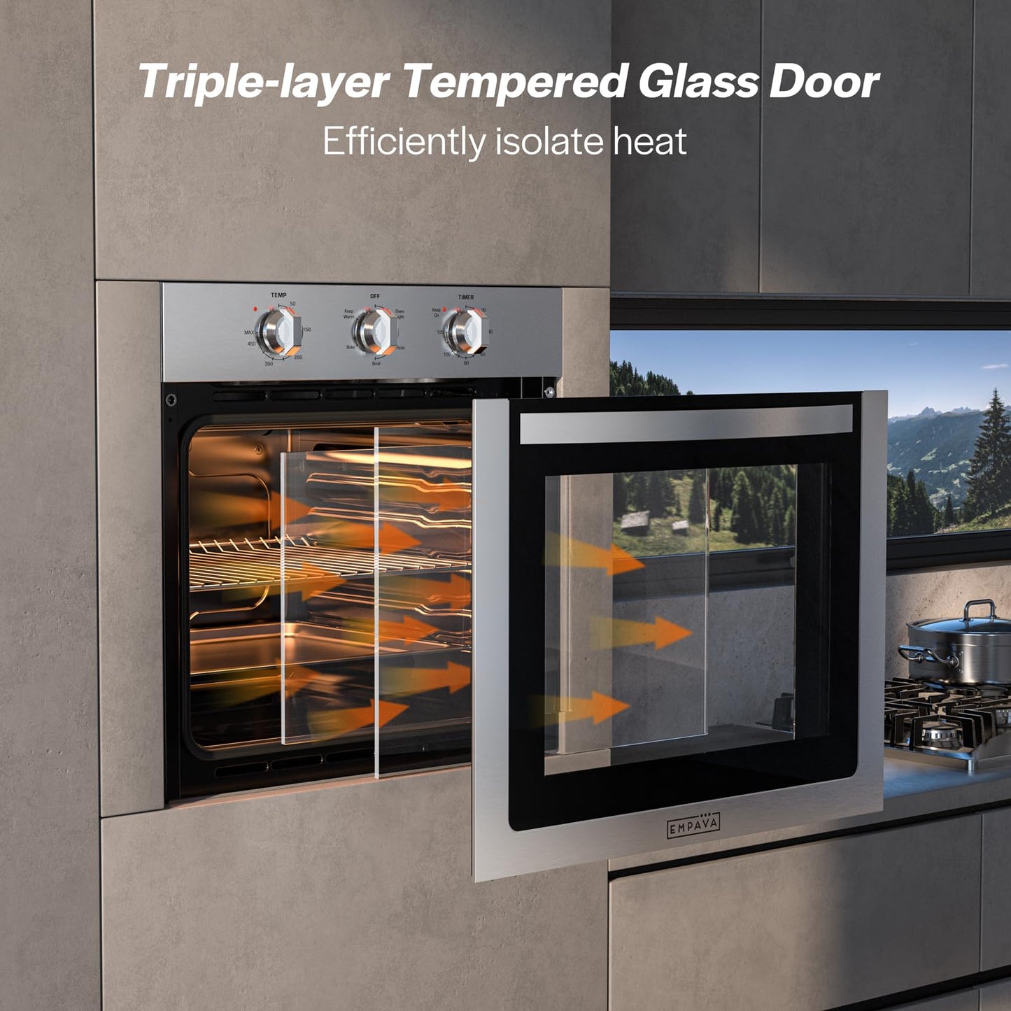 Empava Built-In Electric Single Wall Oven 24 inch, 2.5 Cu. ft. Capacity 4 Cooking Modes, Knob Control, 2950 Watts, Stainless Steel