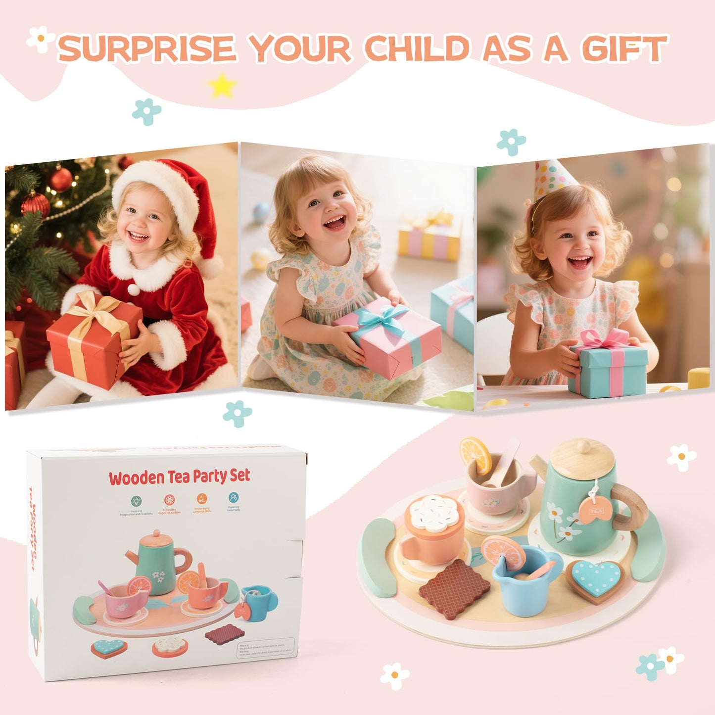 KDSFT Tea Party Set for Little Girls, Wooden Kids Tea Set with Teapot Cups Coasters Carrying Dessert, Picnic Outdoor Toys Pretend Play Kitchen Accessories for 3 4 5 Years Old