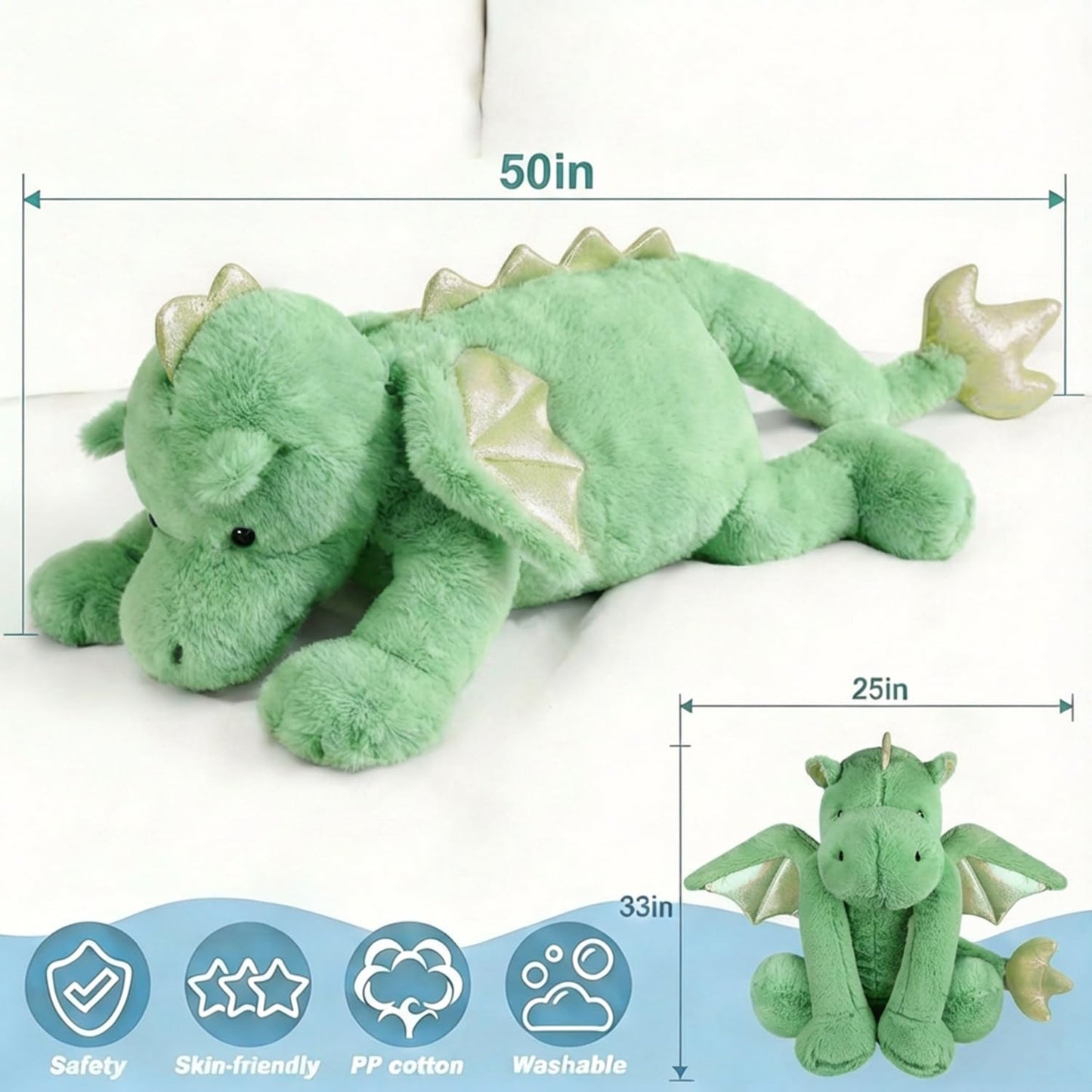 ARELUX Large Dragon Stuffed Animal Plush Toy - Cute Green Pterosaur Plushie, Giant Fuzzy Dinosaur Pillow for Cuddling, 50in Length (33in Sitting Height), Soft Plush Gift for Friends & Family