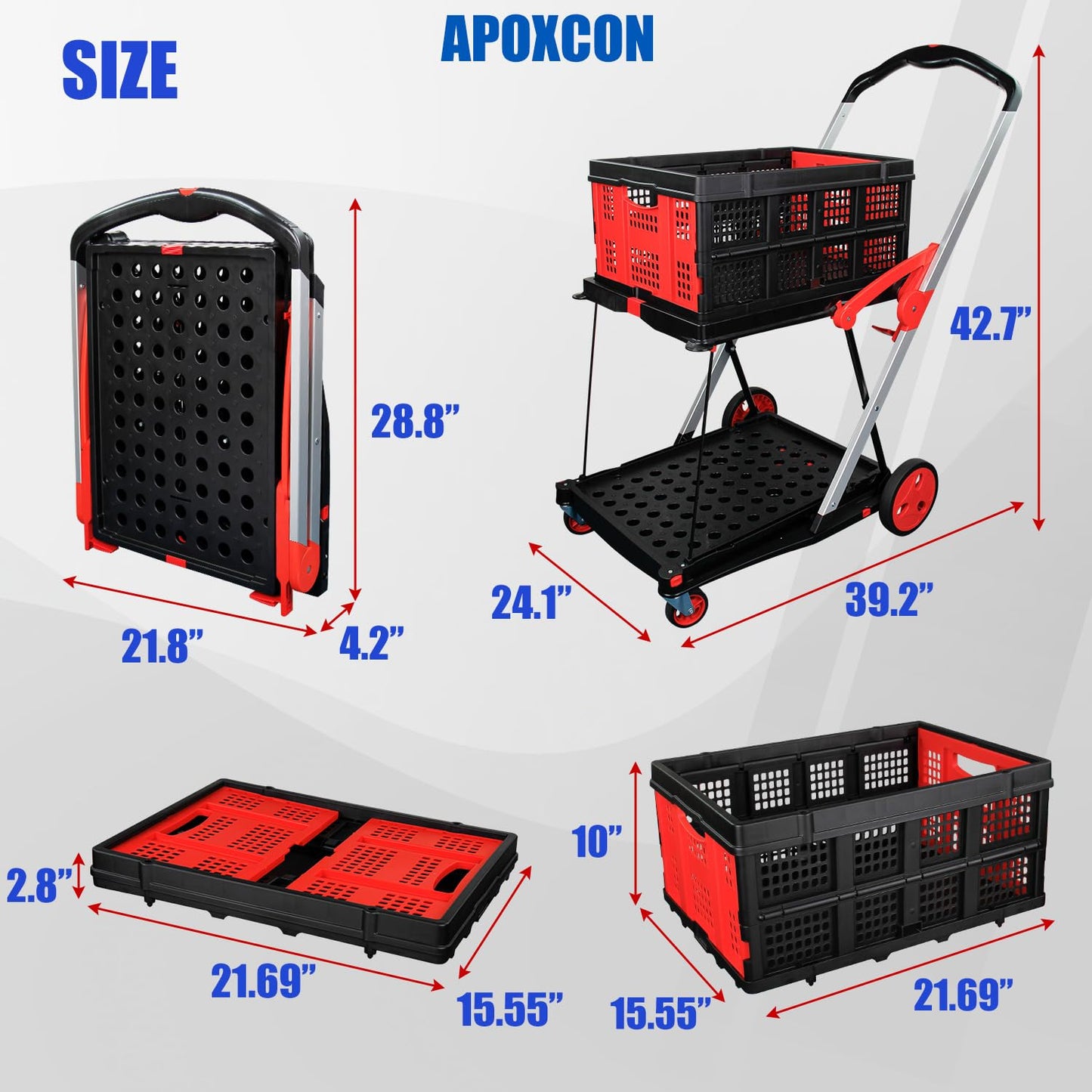 APOXCON Collapsible Shopping Cart with 2 Storage Crates 2-Tier Portable Utility Cart with Swivel Wheels 200lb Capacity Heavy Duty Folding Trolley for Shopping Office Warehouse Catering (Red)