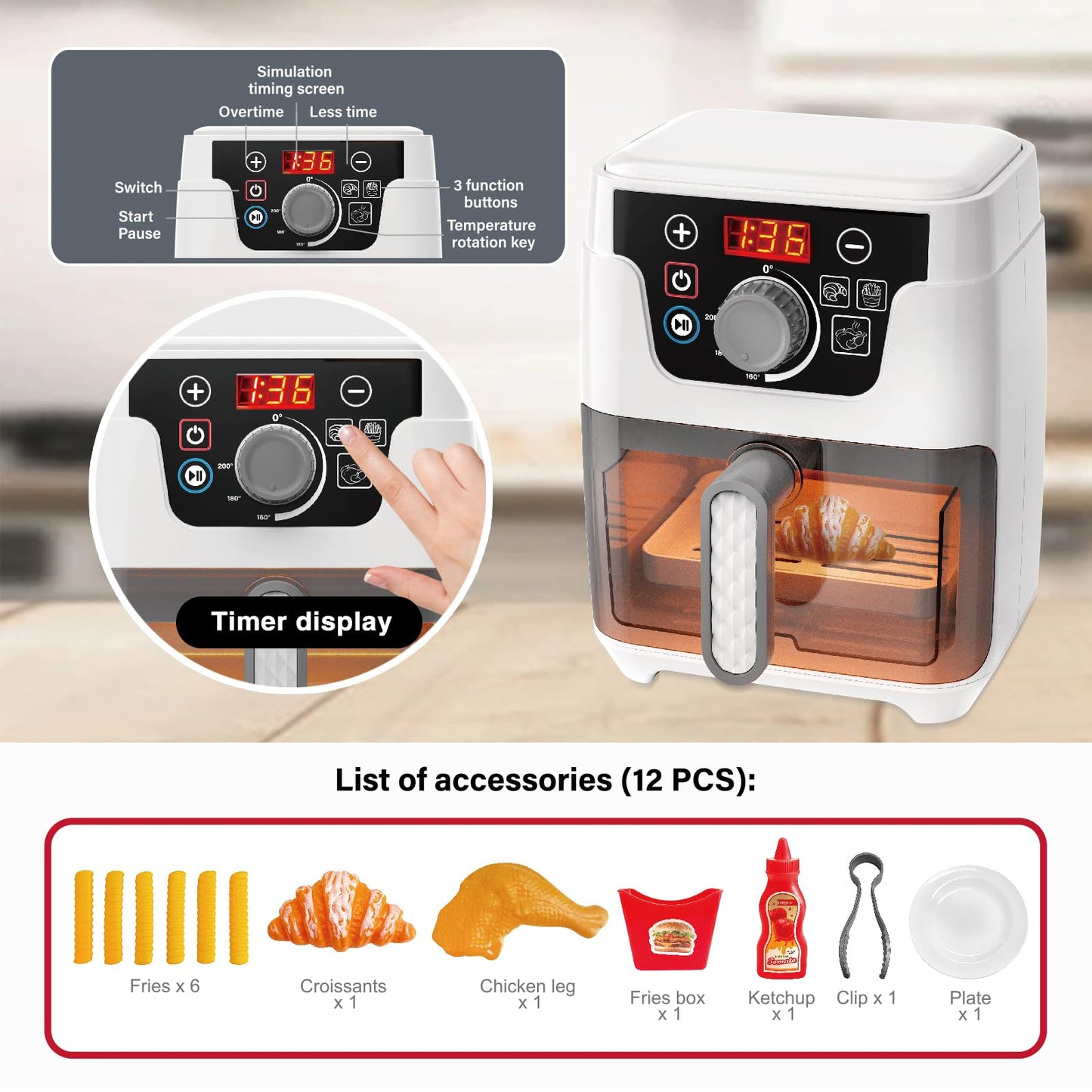 Air fryer Toys,Toy Air Fryer for Kids, Kids Play Kitchen Playset Accessories, Kitchen Accessories Pretend Play Toddler Playset for Girls Boys Birthday Gifts