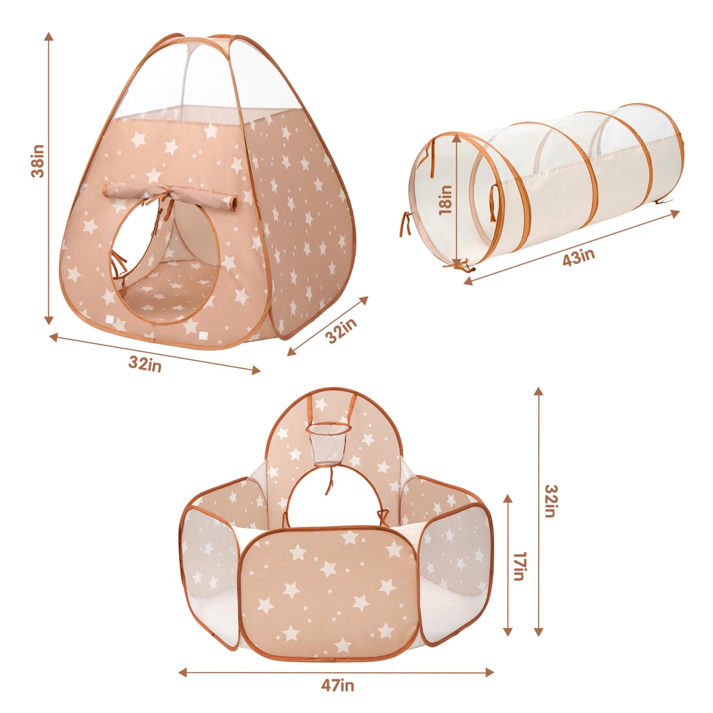 3 in 1 Pop Up Kids Play Tent with Tunnel and Ball Pit for Kids, Boys, Girls, Babies and Toddlers, Indoor/Outdoor Playhouse, Brown/Apricot