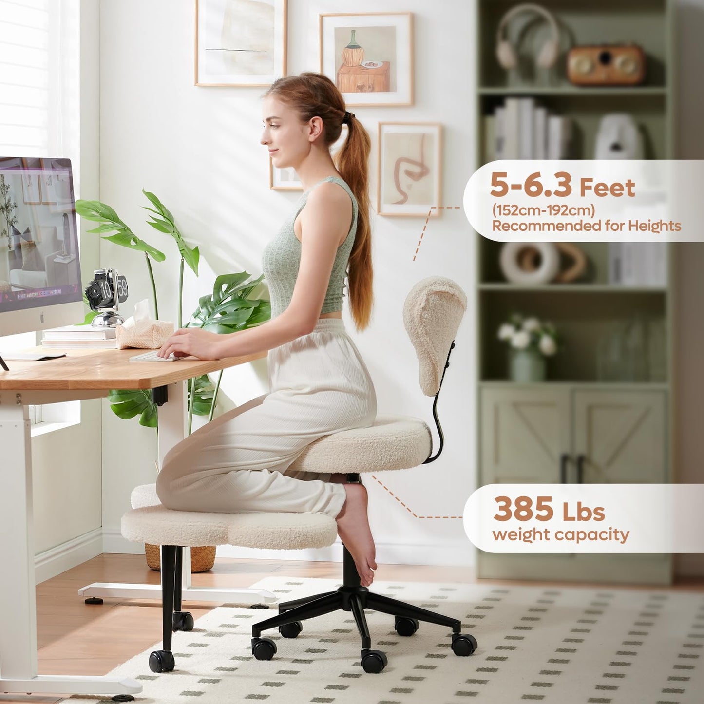Pinmoco Ergonomic Cross Legged Chair, 360° Swivel Meditation Chair with Wheels, Height Adjustable Seat for ADHD, Strong Lumbar Support, Chic Home Office Furniture, Teddy Fabric, Off White