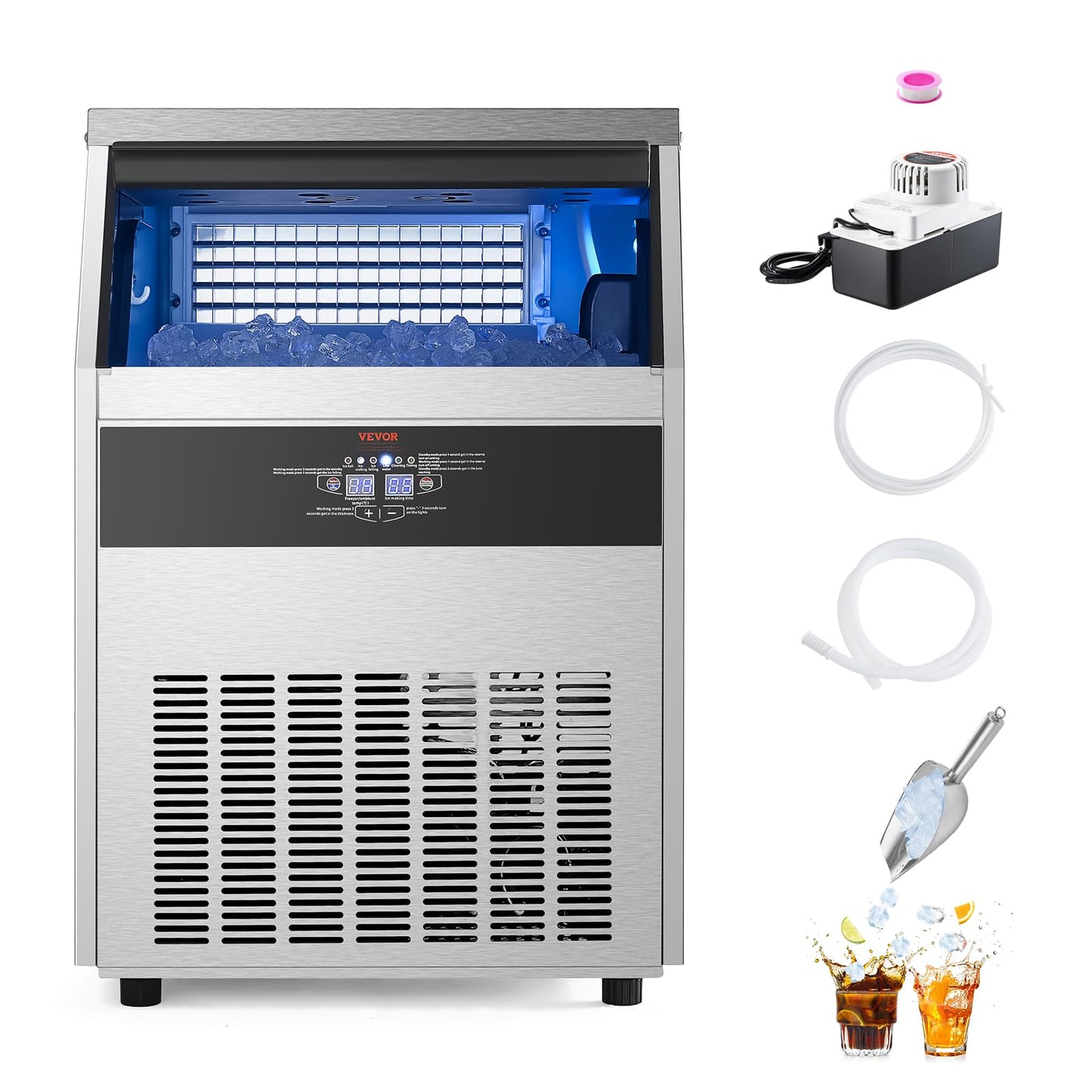 VEVOR 160lbs/24H Commercial Ice Maker Machine with Drain Pump, 66lbs Storage Capacity Ice Maker, 80 Ice Cubes in 15 Minutes, LED Digital Display Freestanding Self-Cleaning for Bar Office Restaurant