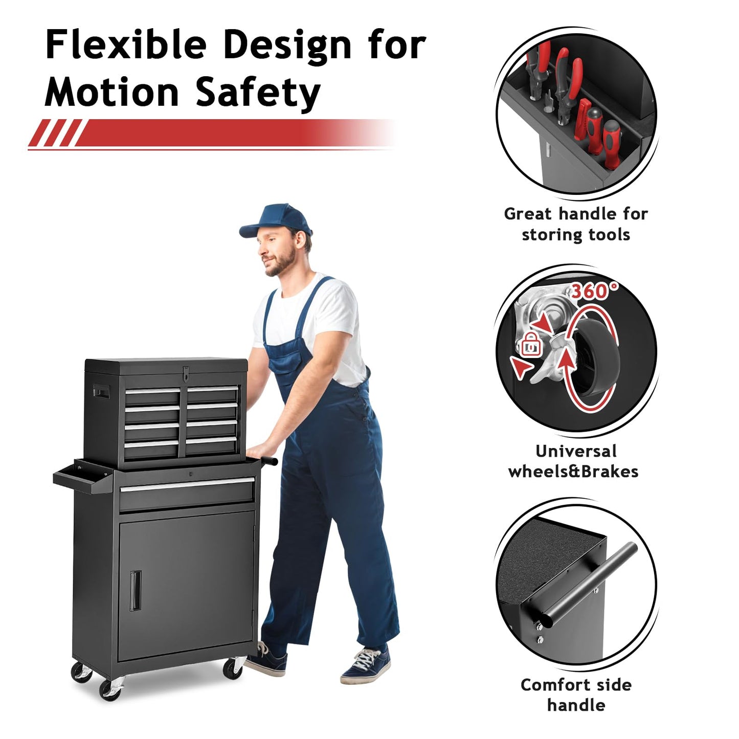 AirWire Tool Chest,5-Drawer Rolling Tool Storage Cabinet with Enhanced Packaging, Detachable Top Tool Box, Metal Tool Cart for Garage Workshop,Black, ATC001BK